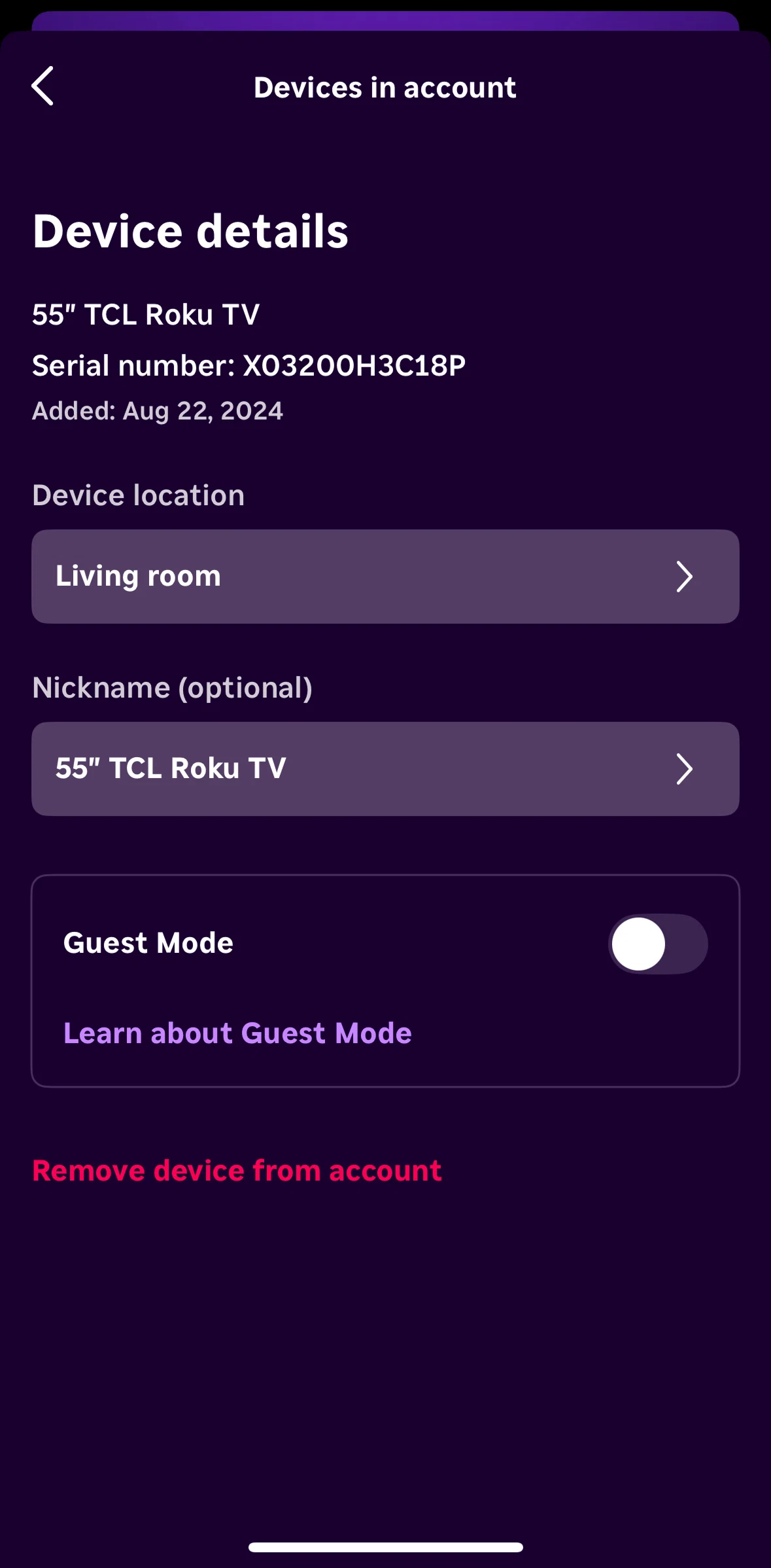Roku Screen screen in the Turning on a guest mode flow