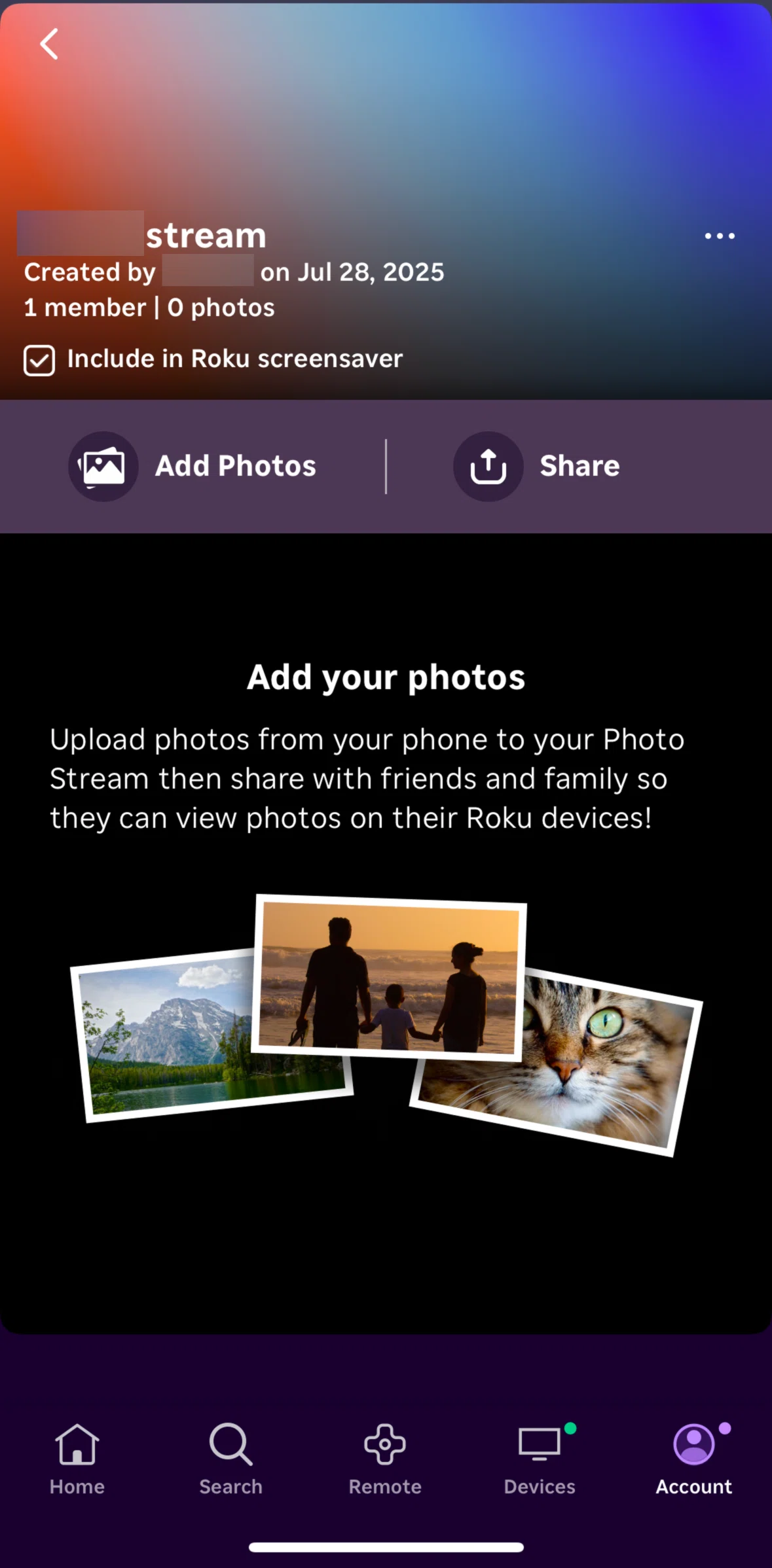 Roku Screen screen in the Uploading photos flow
