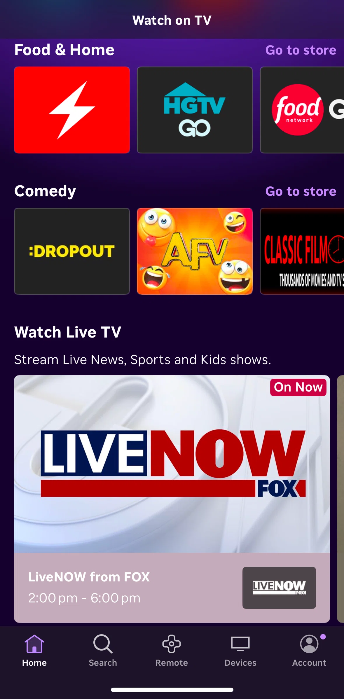 Roku Screen screen in the Watching a live TV flow