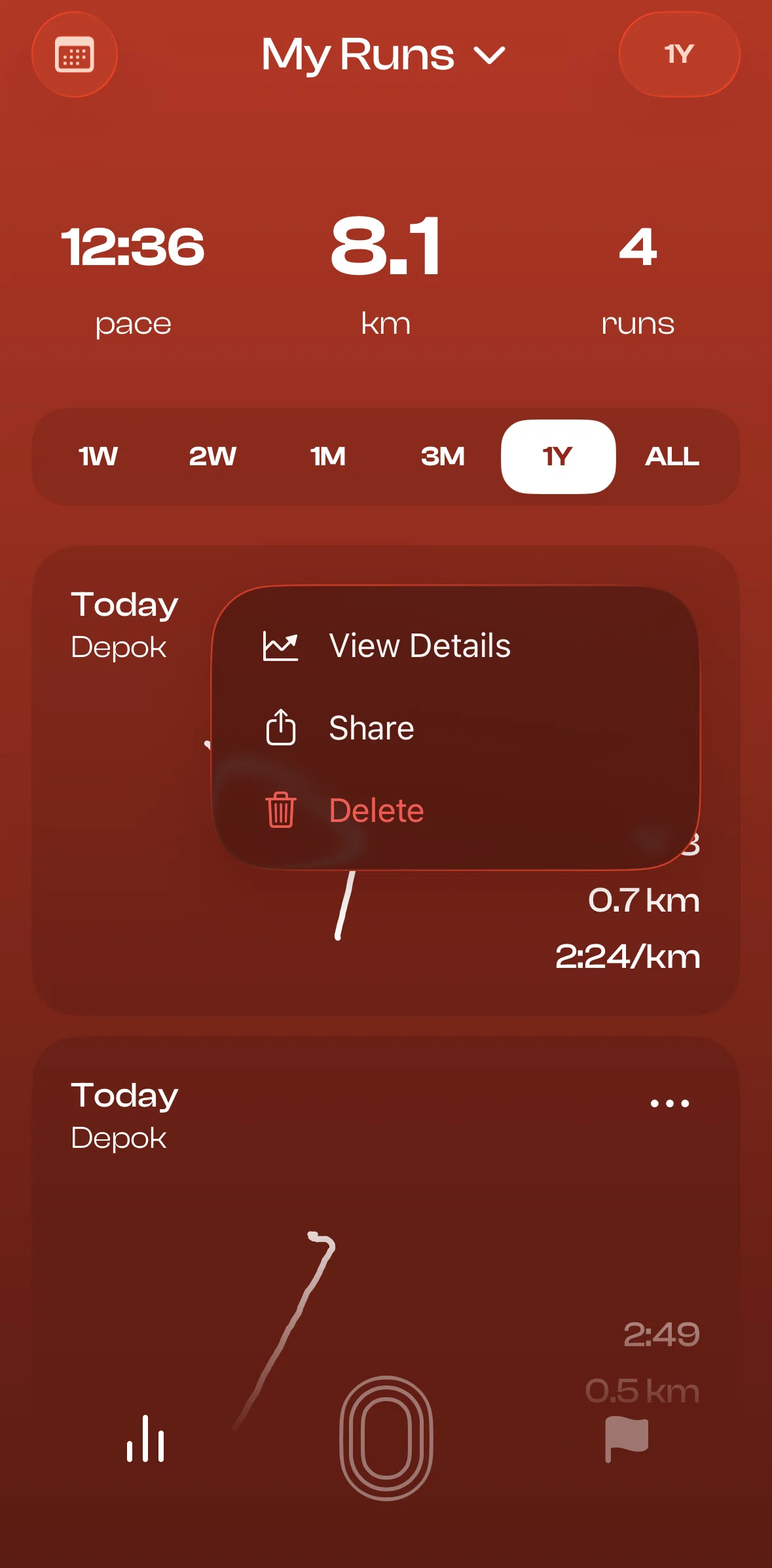 Runbuds Screen screen in the Deleting a run flow