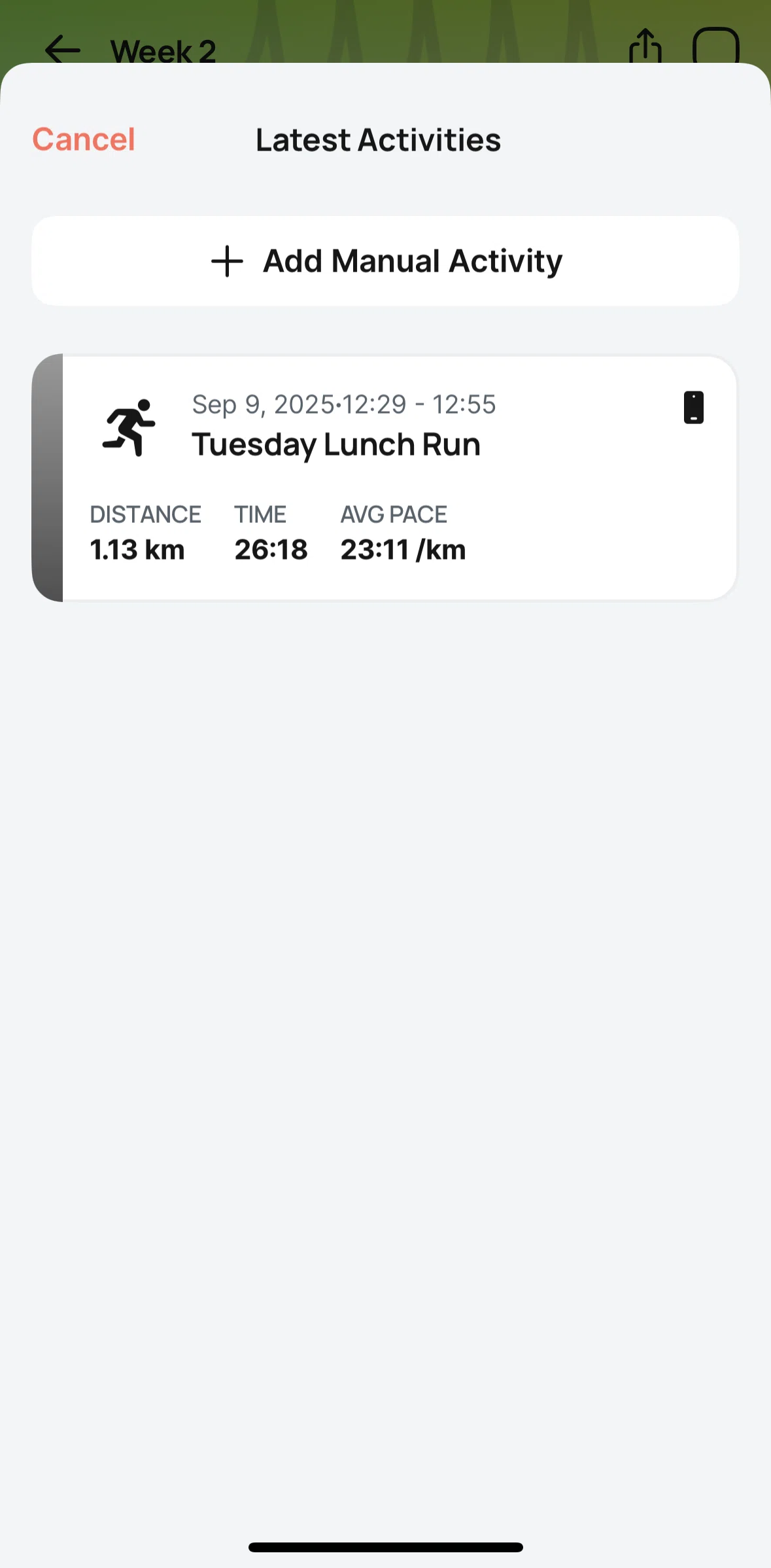 Runna Screen screen in the Adding a manual activity flow