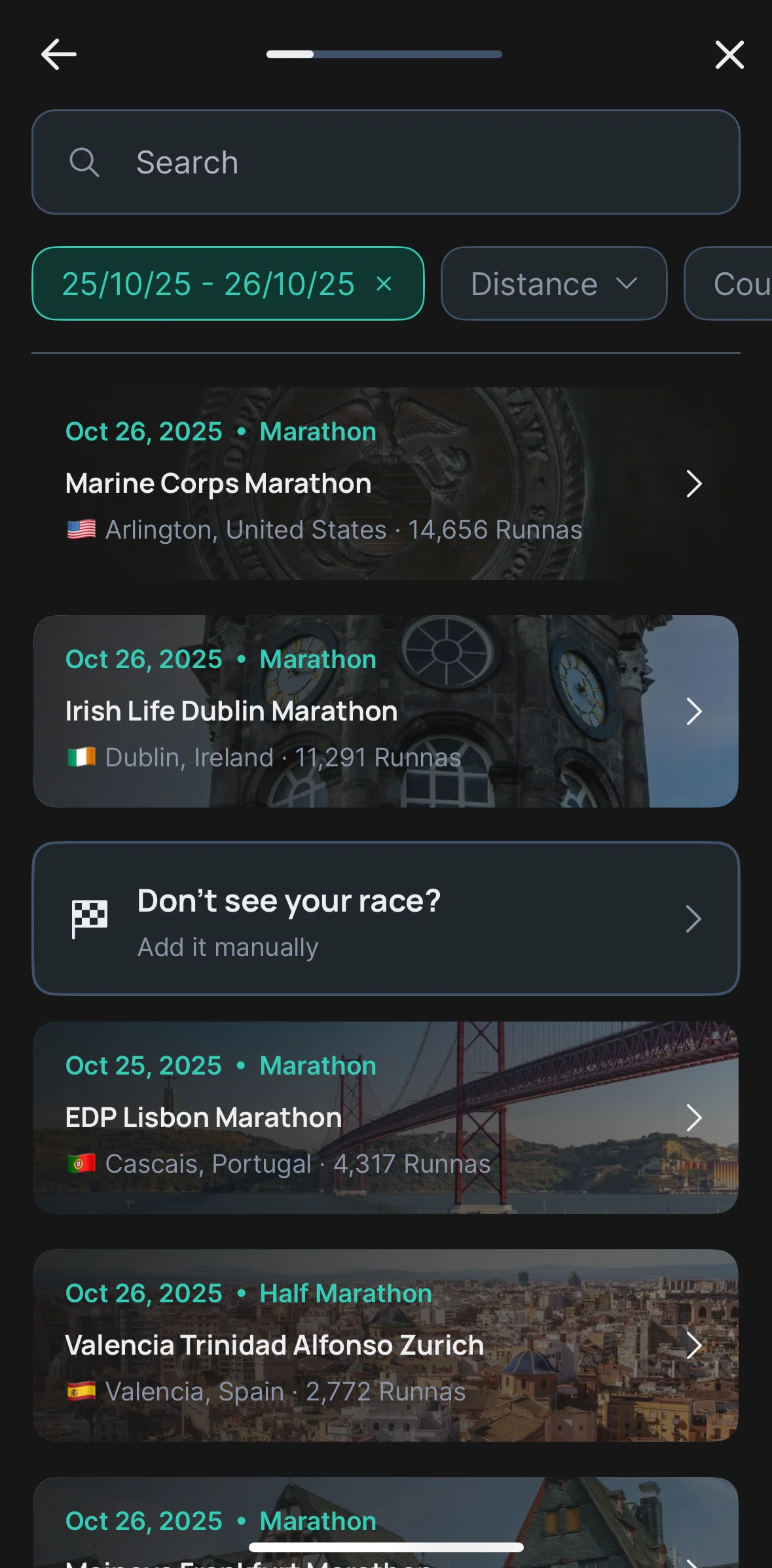 Runna Screen screen in the Adding a race manually flow