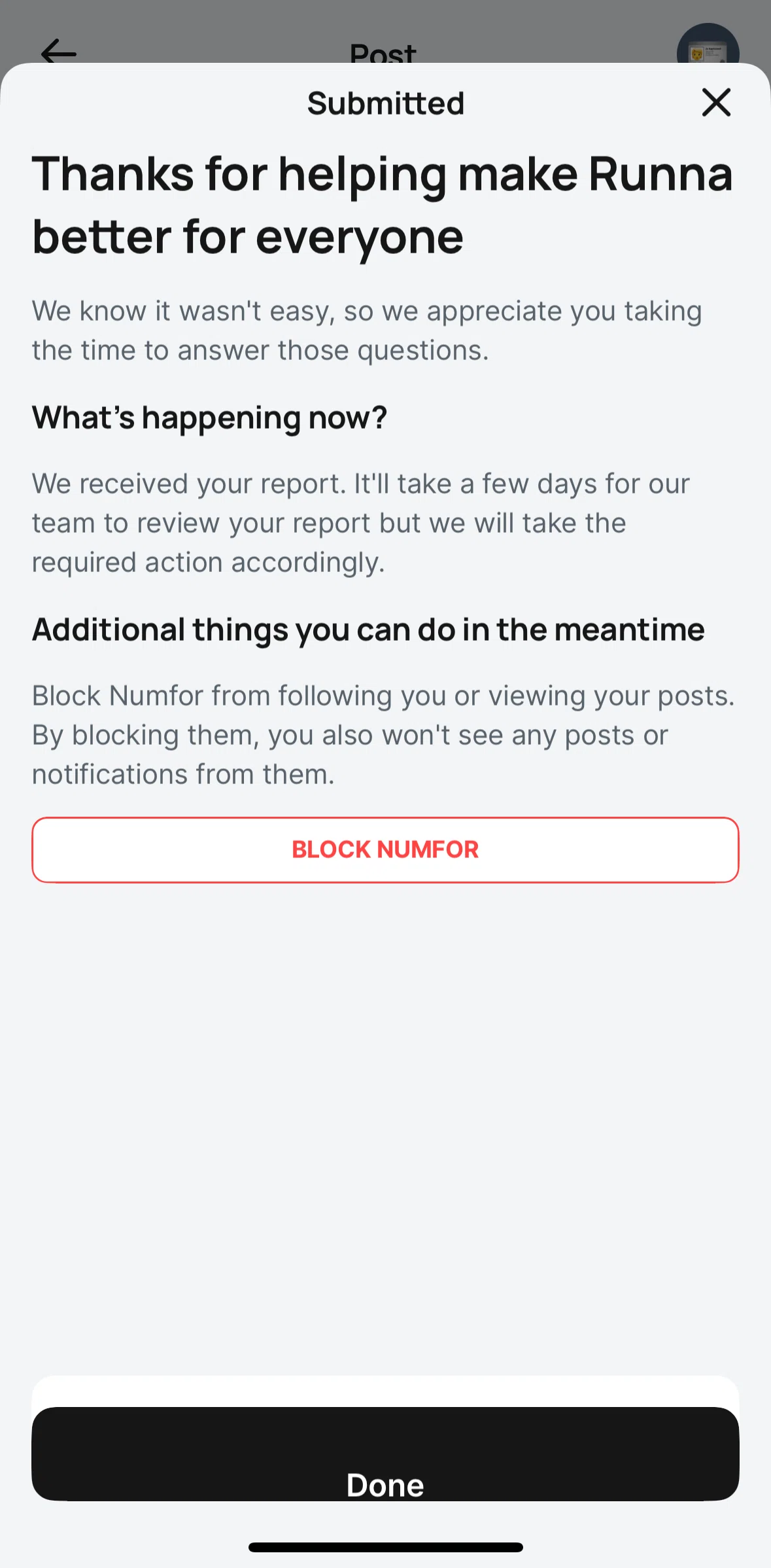 Runna Screen screen in the Blocking a user flow