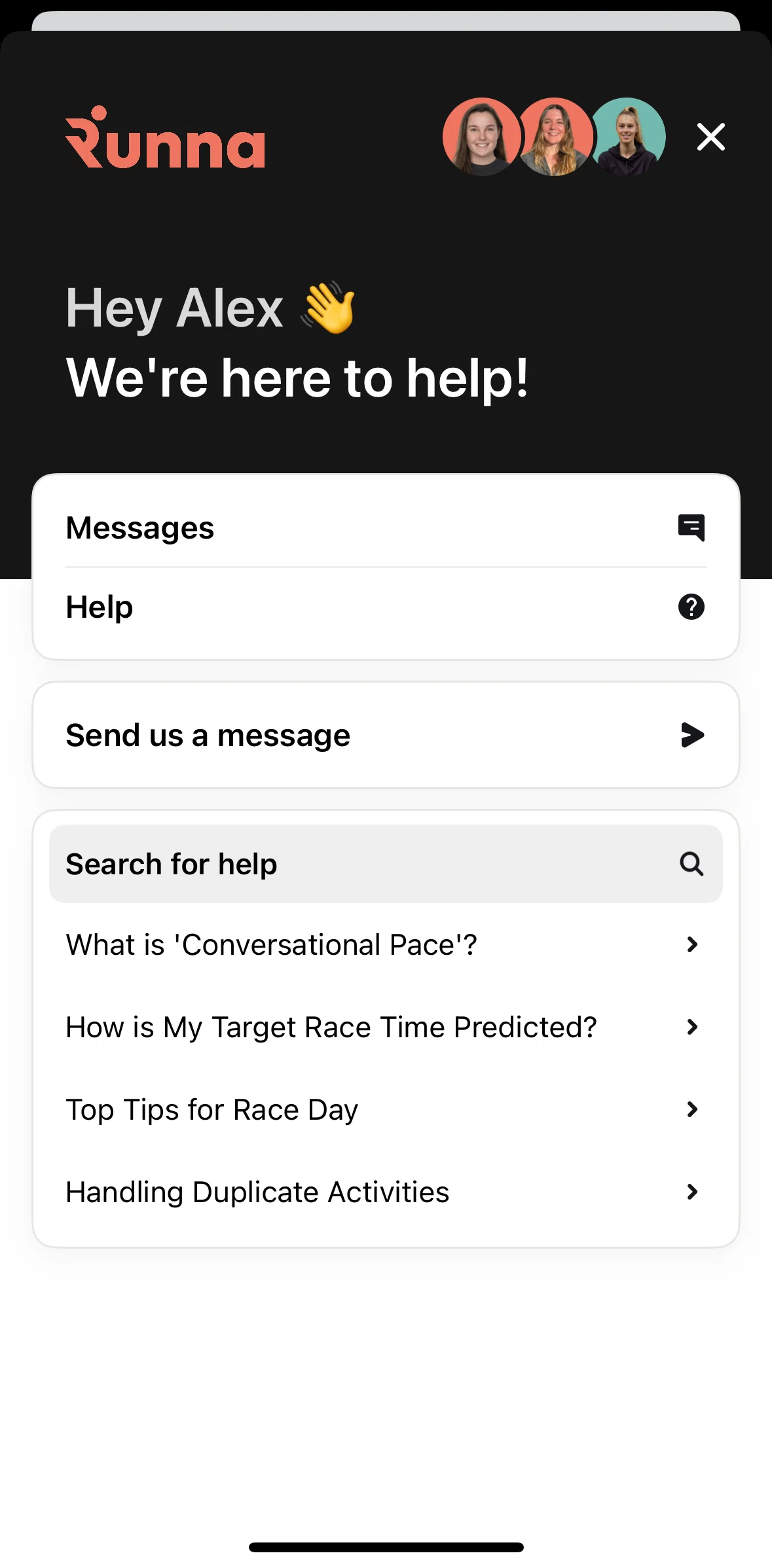 Runna Screen screen in the Chatting with customer support flow