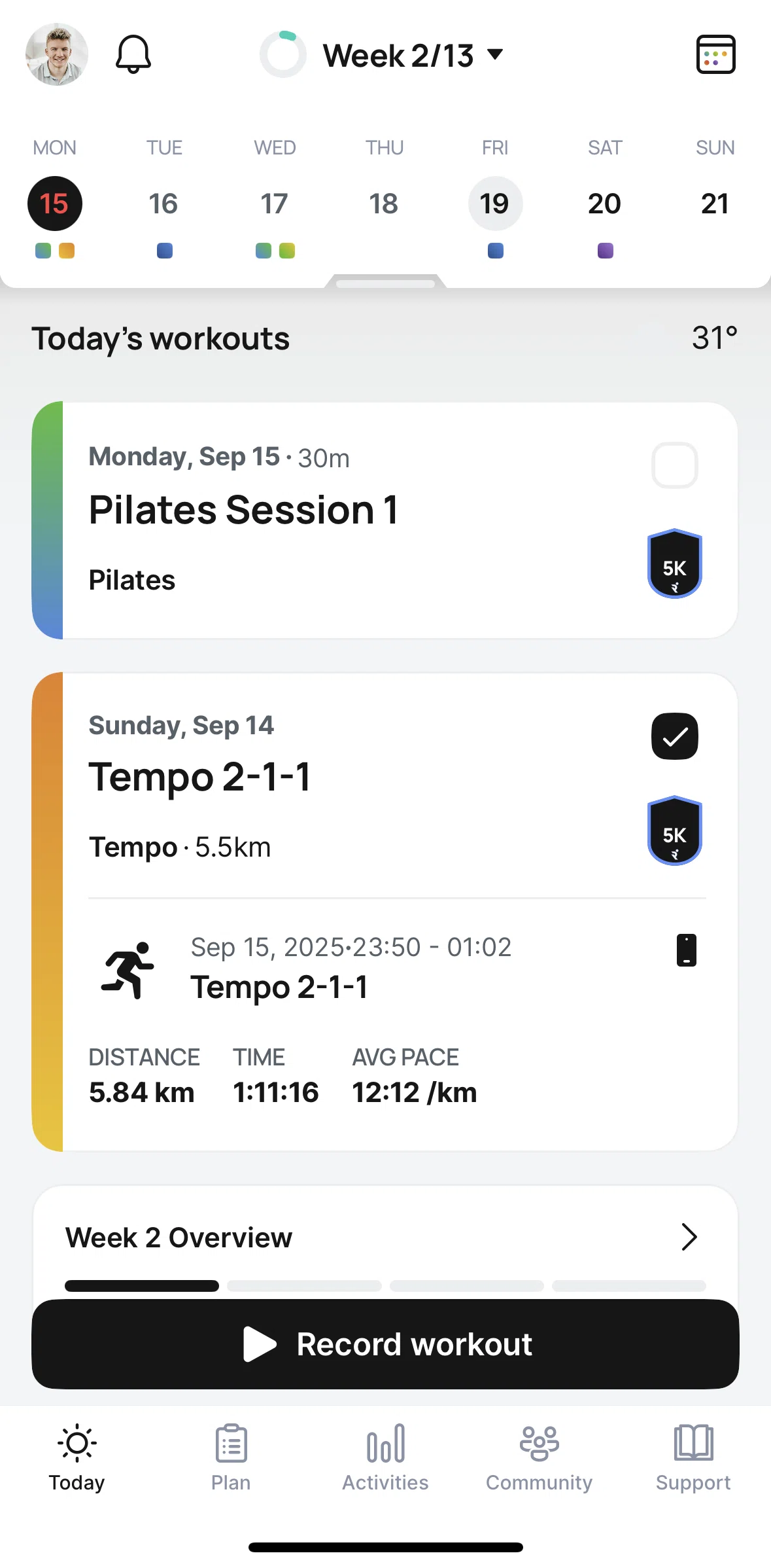 Runna Screen screen in the Completing a pilates workout flow