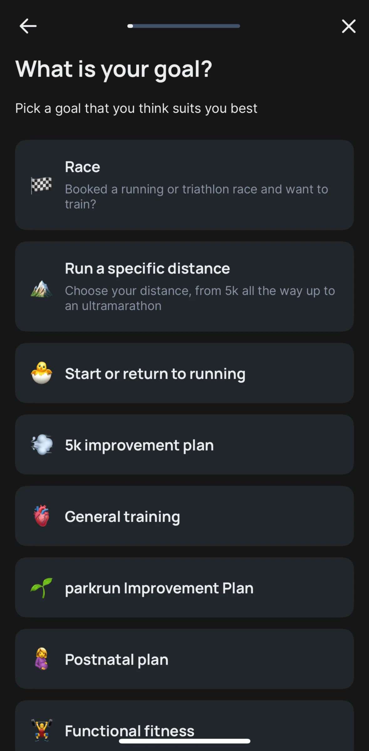 Runna Screen screen in the Creating a plan (help to choose a goal) flow