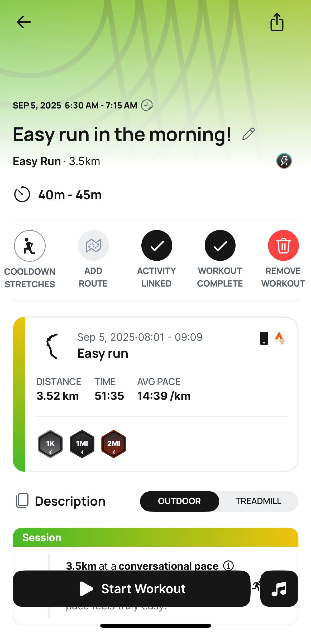 Runna Screen screen in the Deleting a workout flow
