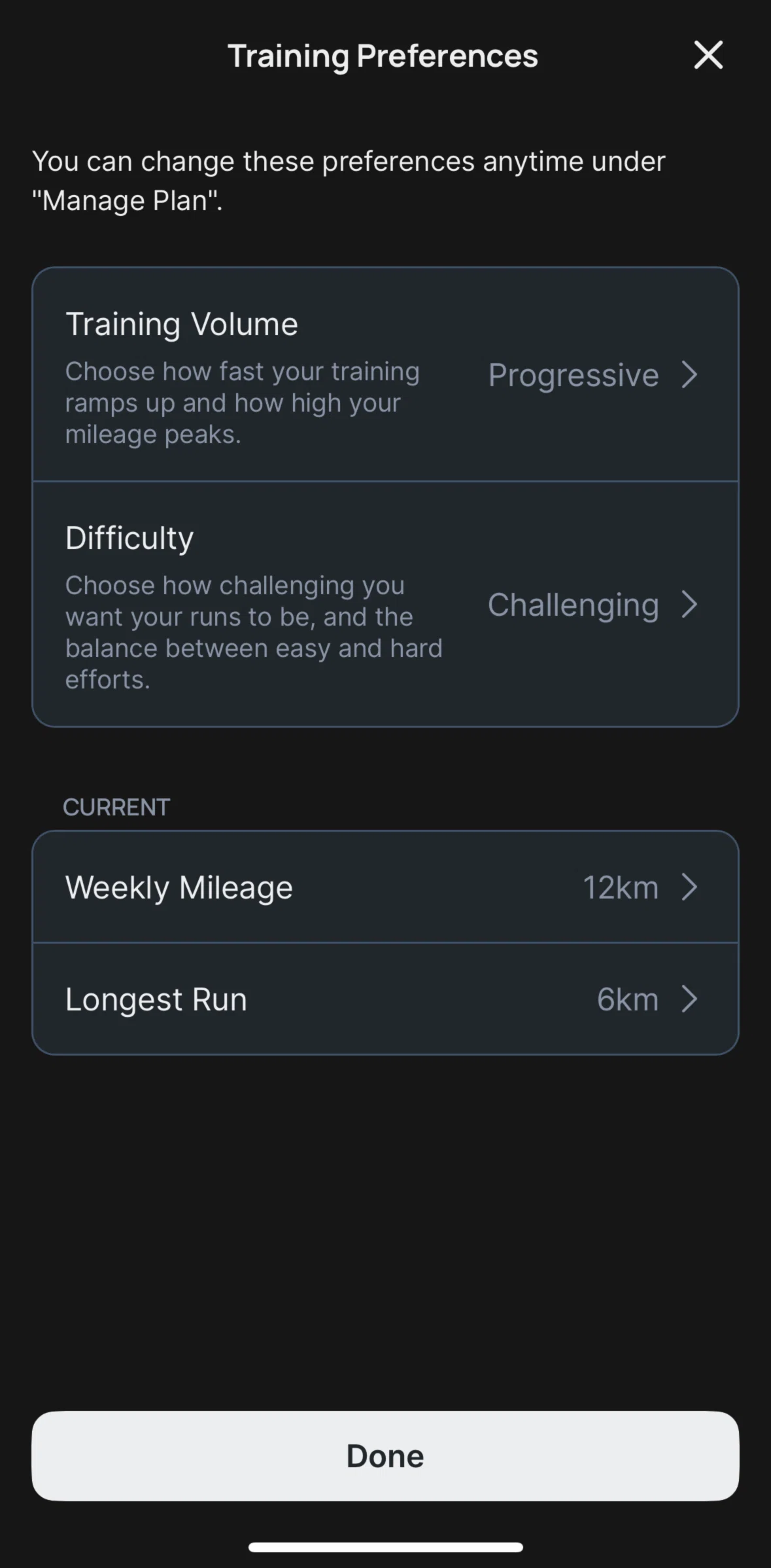 Runna Screen screen in the Editing difficulty flow