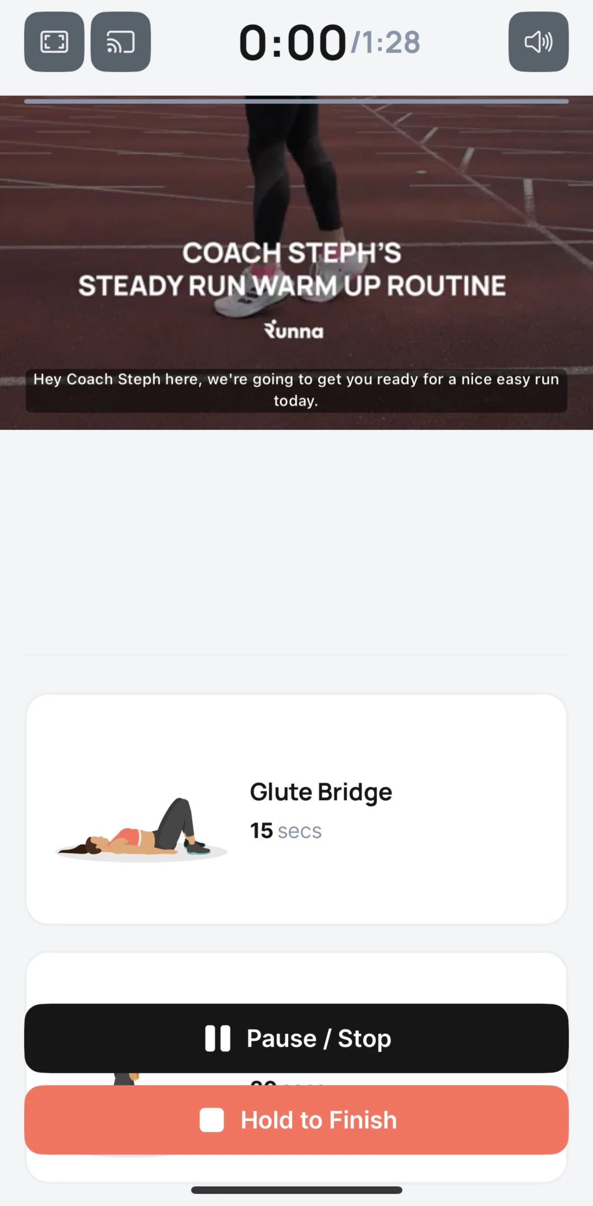 Runna Screen screen in the Exercise description (warm-up) flow