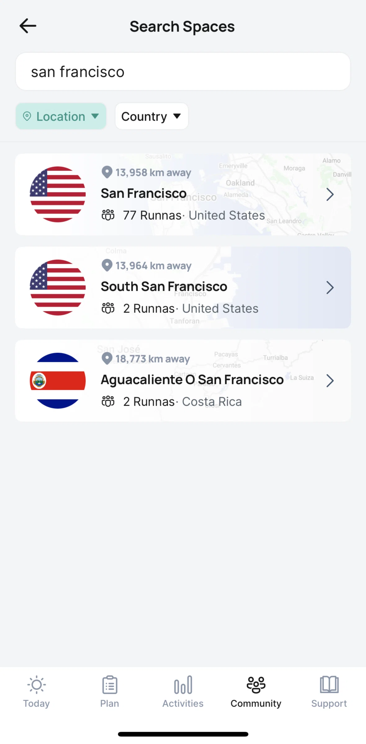 Runna Screen screen in the Filtering spaces flow
