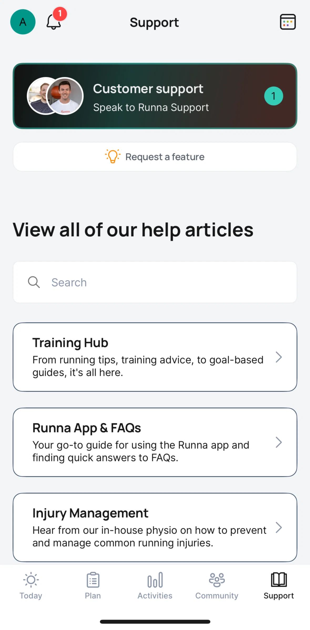 Runna Screen screen in the Help flow