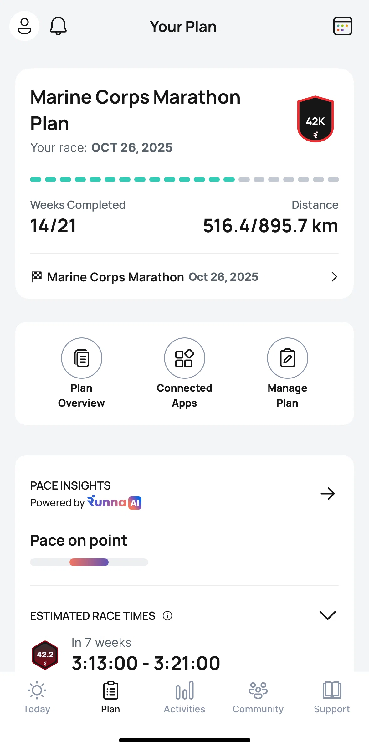 Runna Screen screen in the Plan detail (42K race) flow