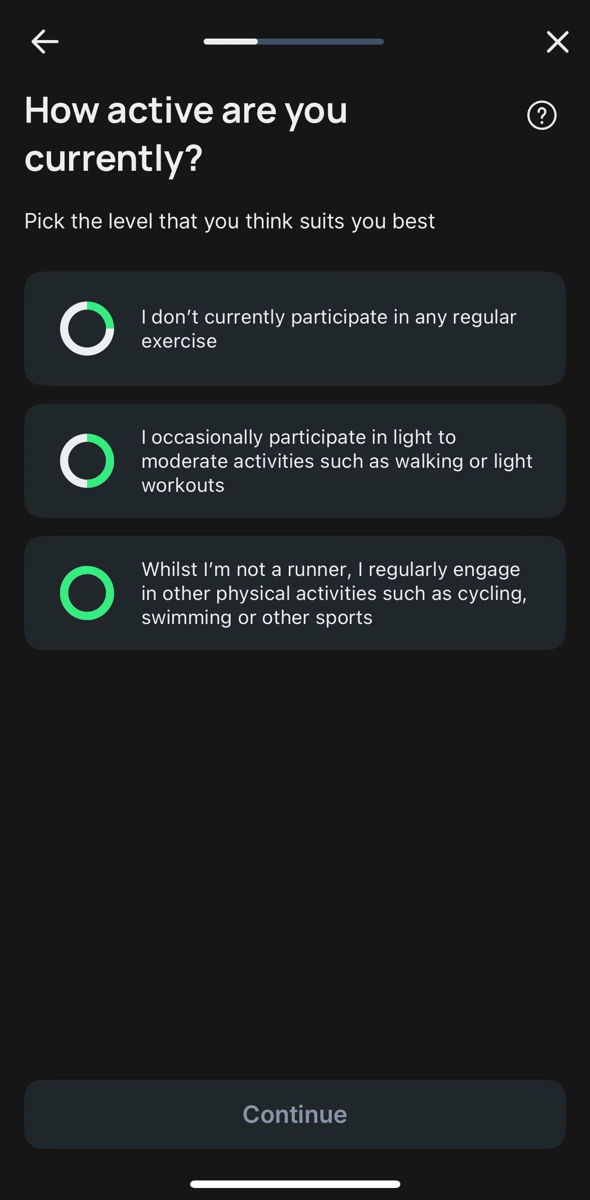 Runna Screen screen in the Question information flow