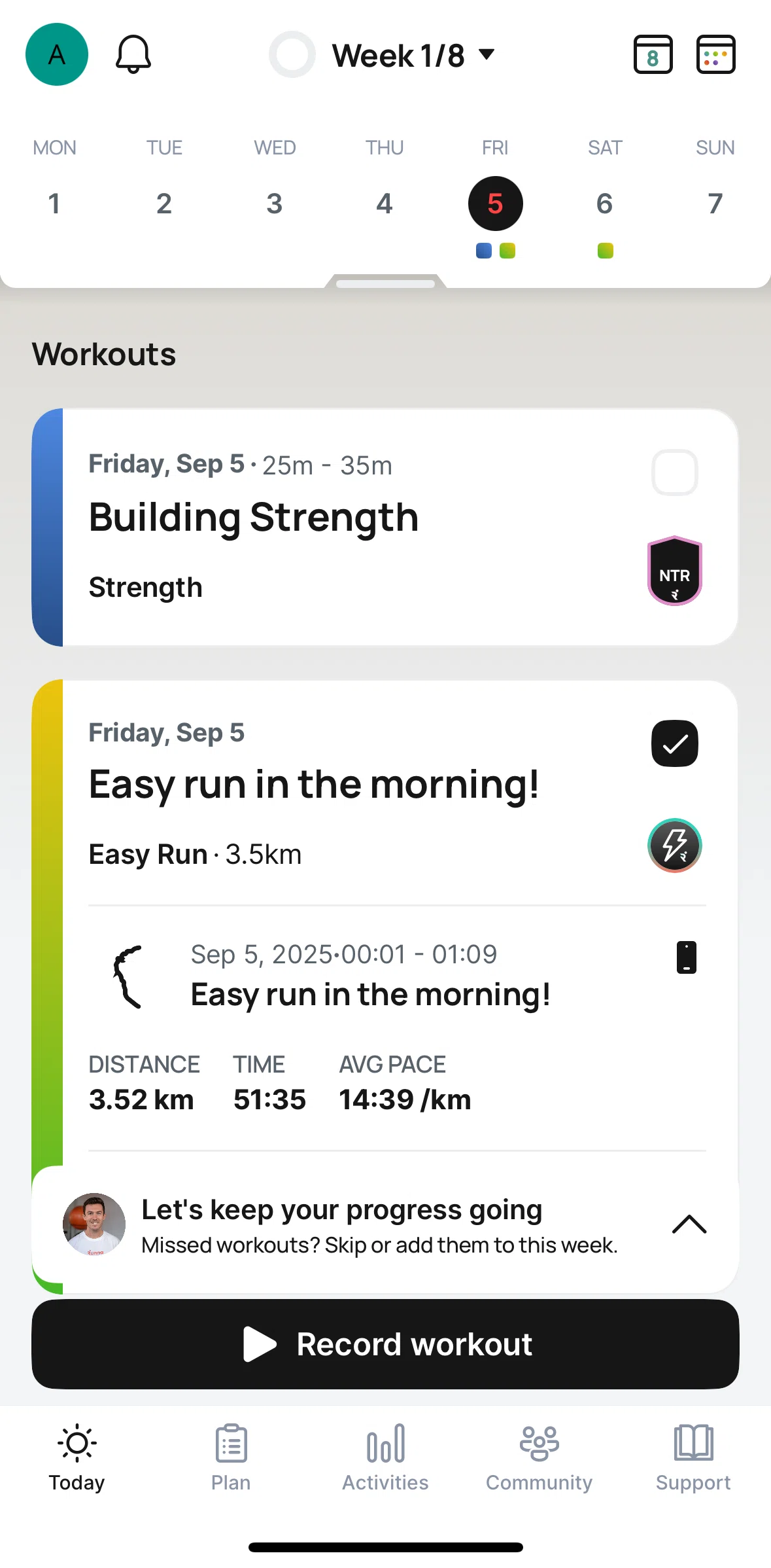 Runna Screen screen in the Rearranging workouts flow