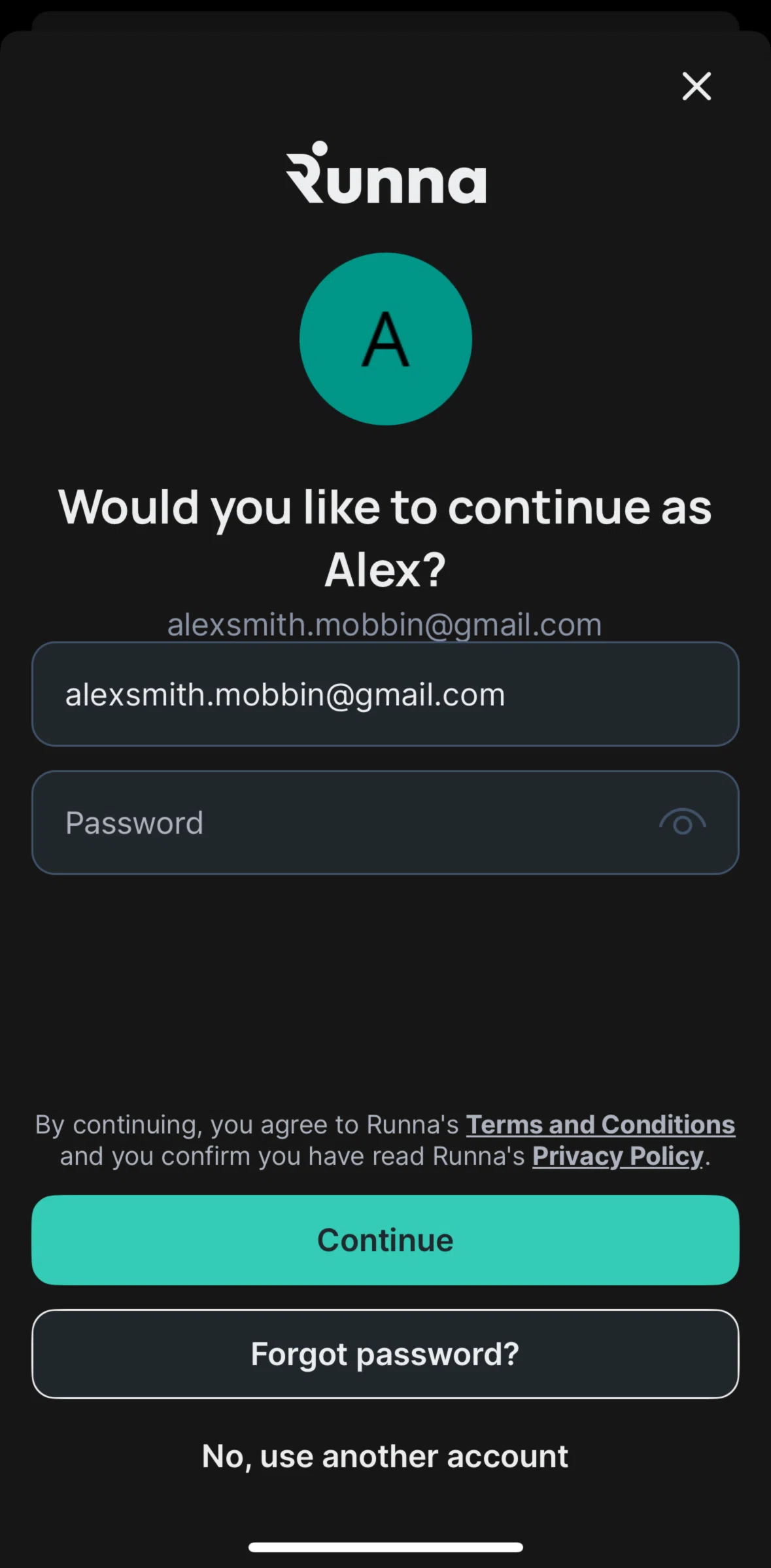 Runna Screen screen in the Resetting password flow