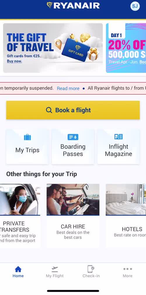 Ryanair Home screen in the Finding Flights flow