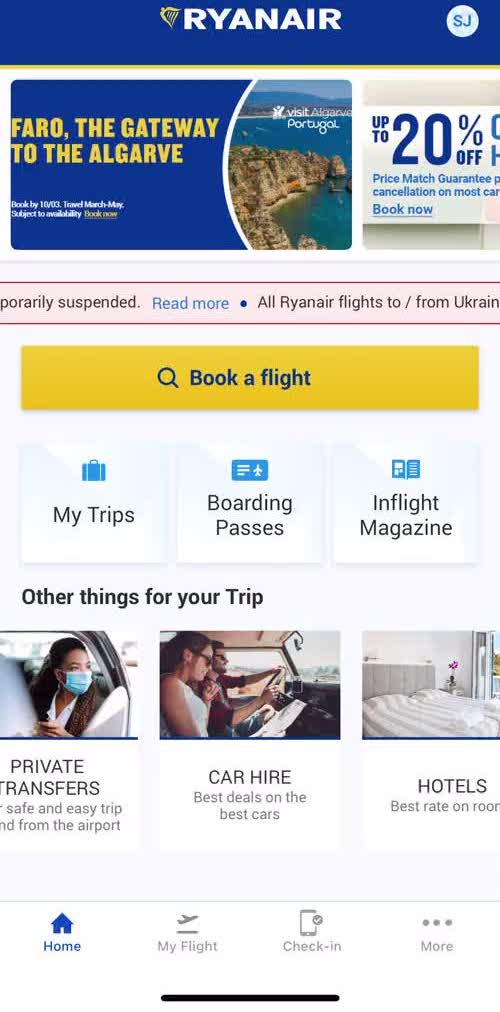Ryanair Home screen in the General Browsing flow