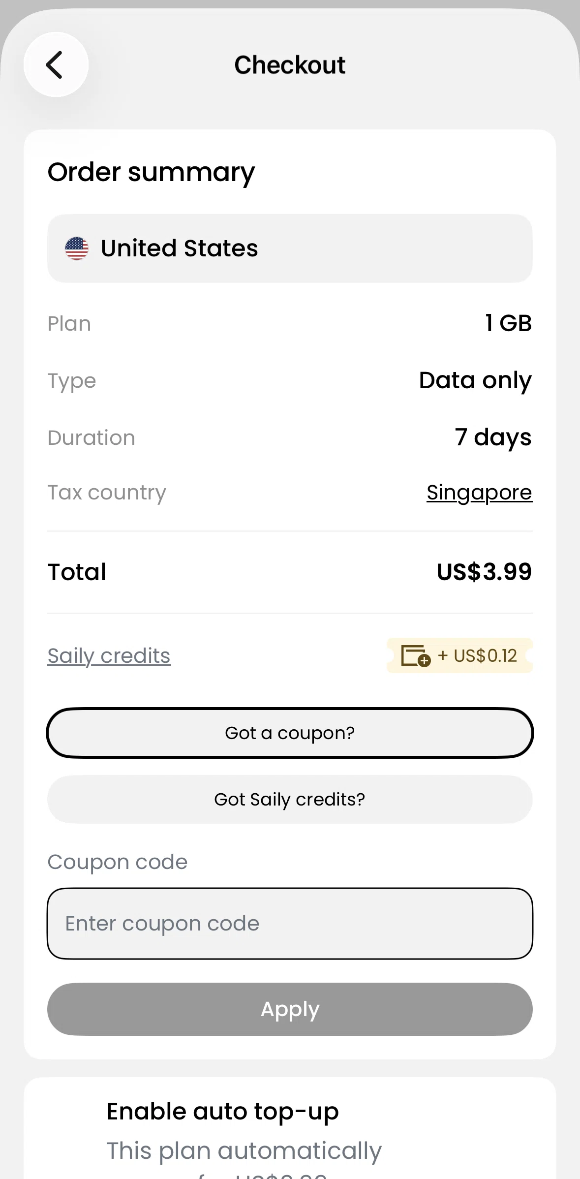 Saily Screen screen in the Applying a coupon flow