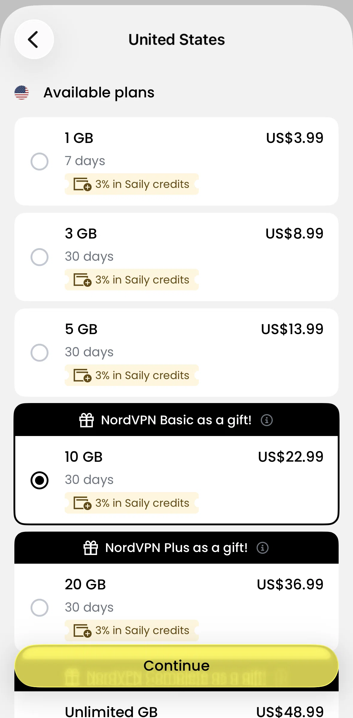 Saily Screen screen in the Buying a data plan flow