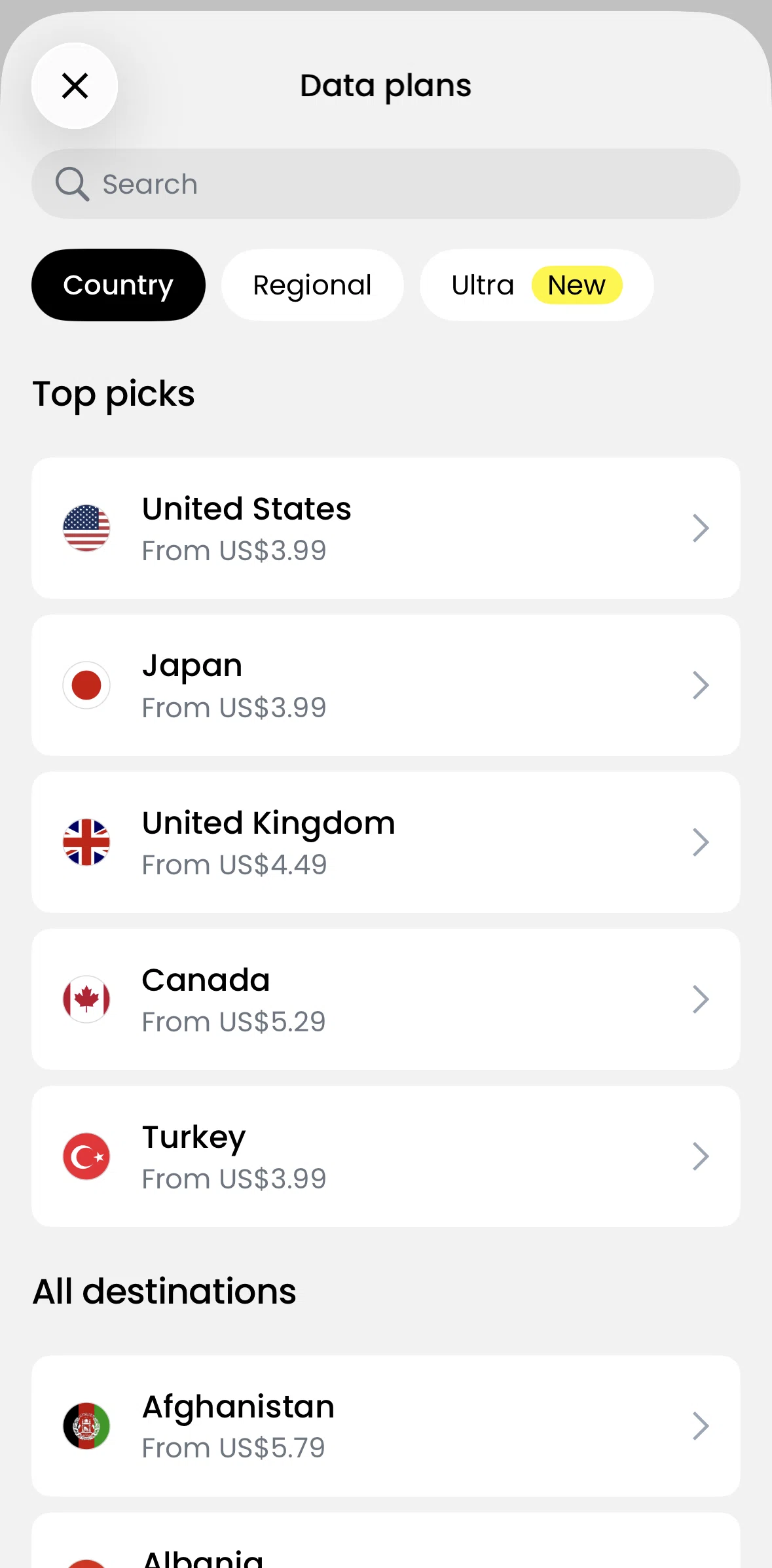 Saily Screen screen in the Country data plans flow