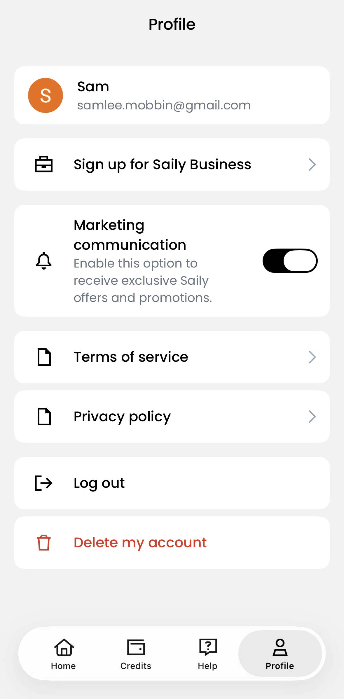 Saily Screen screen in the Deleting account flow