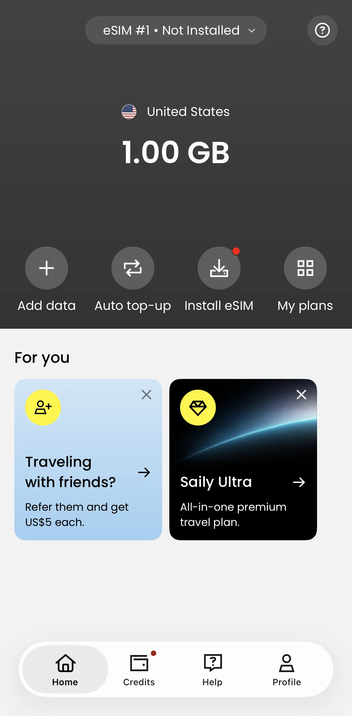 Saily Screen screen in the Enabling auto top-up flow