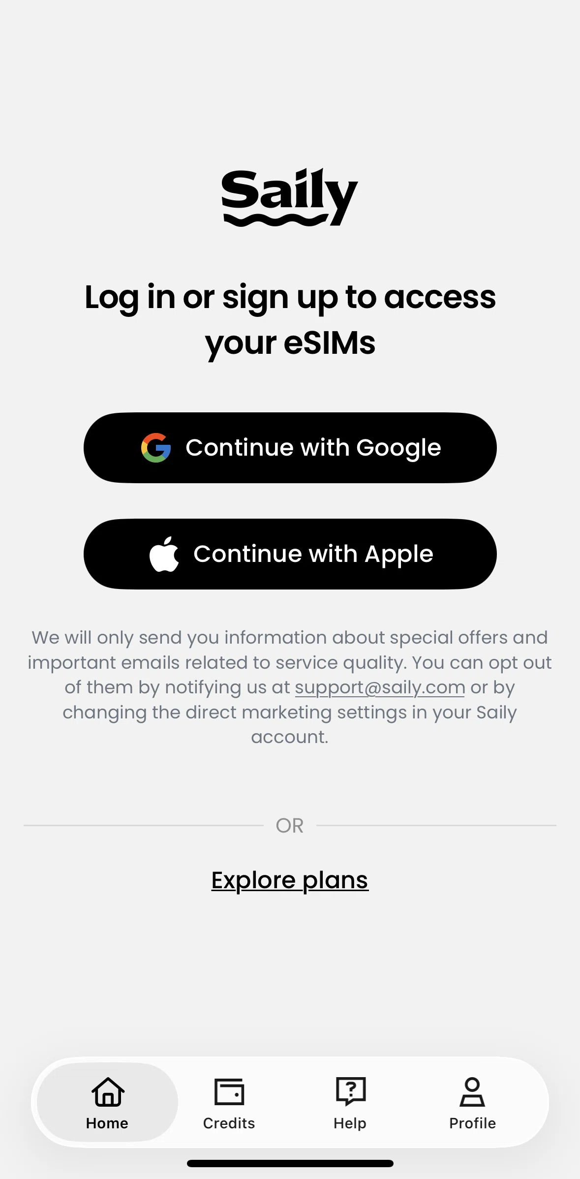 Saily Screen screen in the Logging in flow