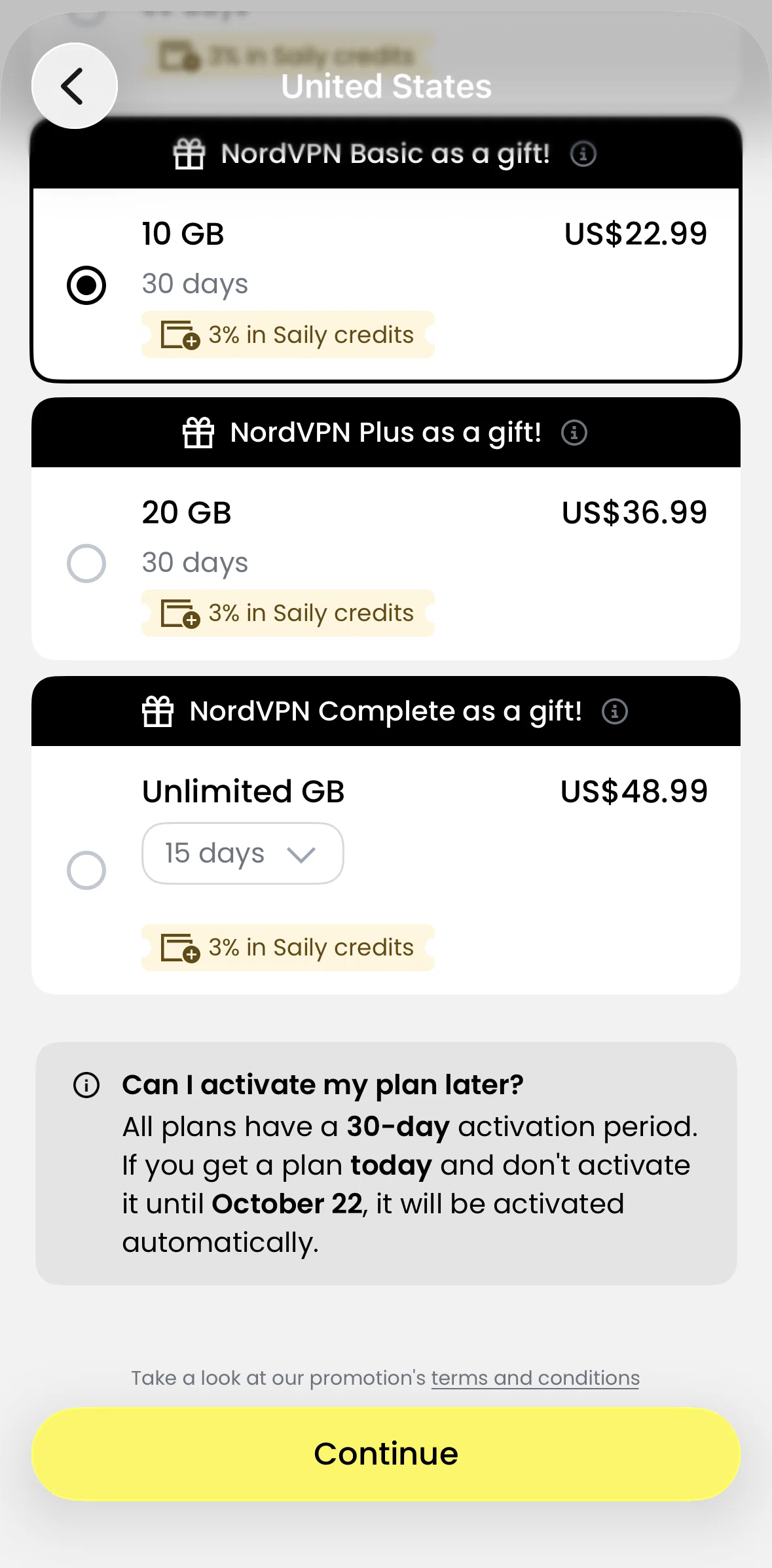 Saily Screen screen in the Selecting a plan duration flow
