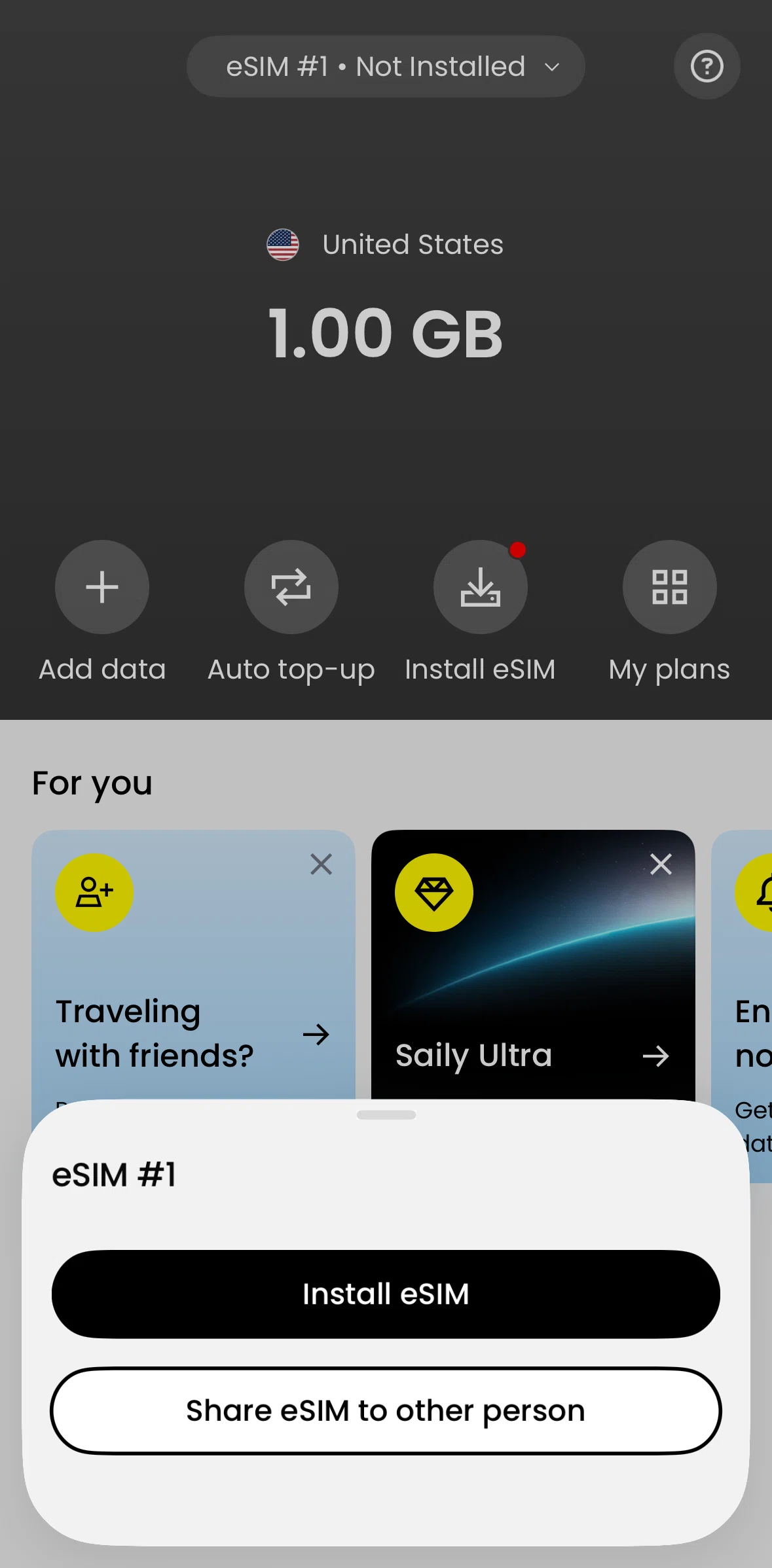 Saily Screen screen in the Share an eSIM flow