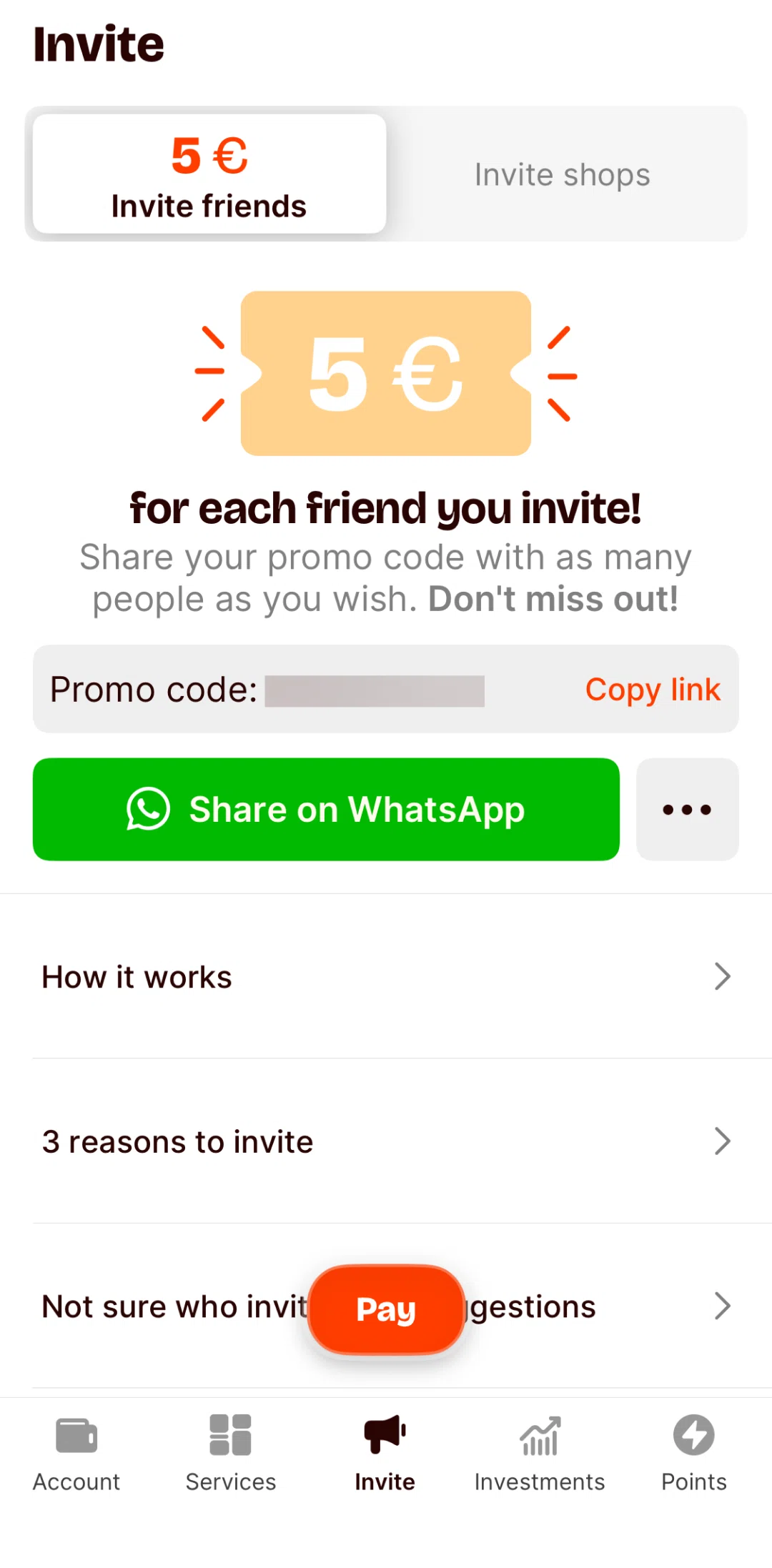 Satispay Screen screen in the Copying promo code flow