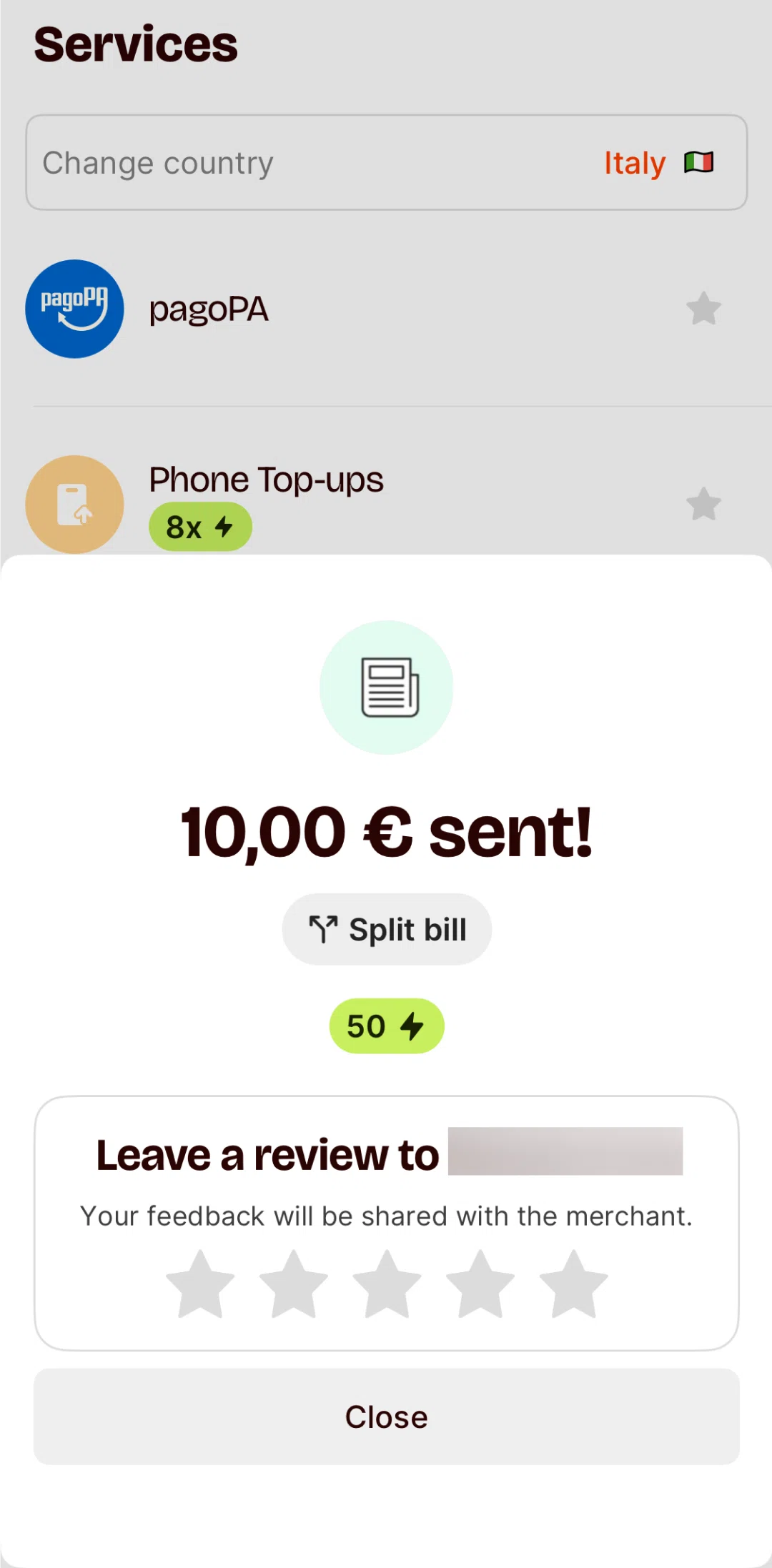 Satispay Screen screen in the Giving feedback flow