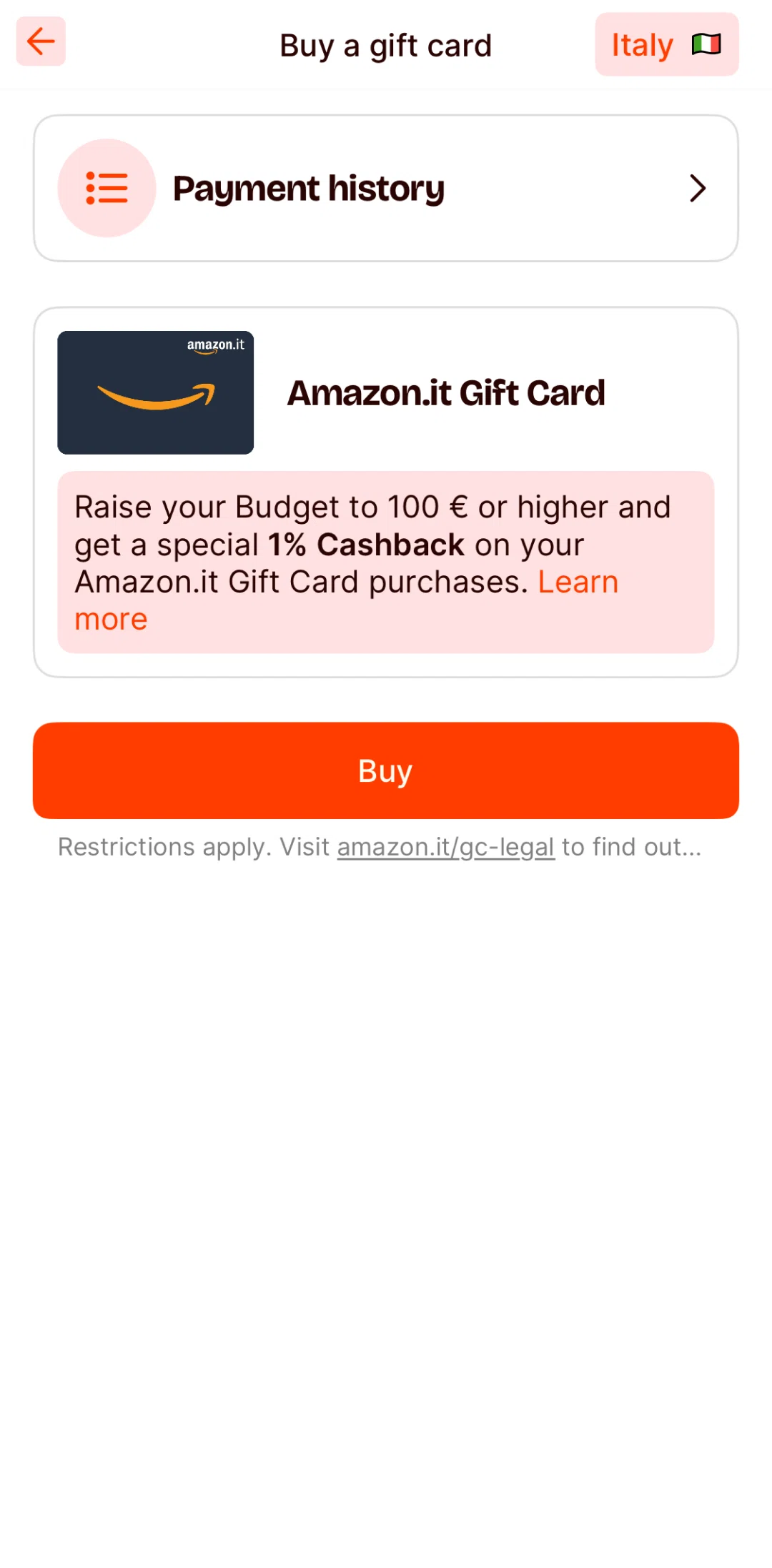 Satispay Screen screen in the Payment history flow
