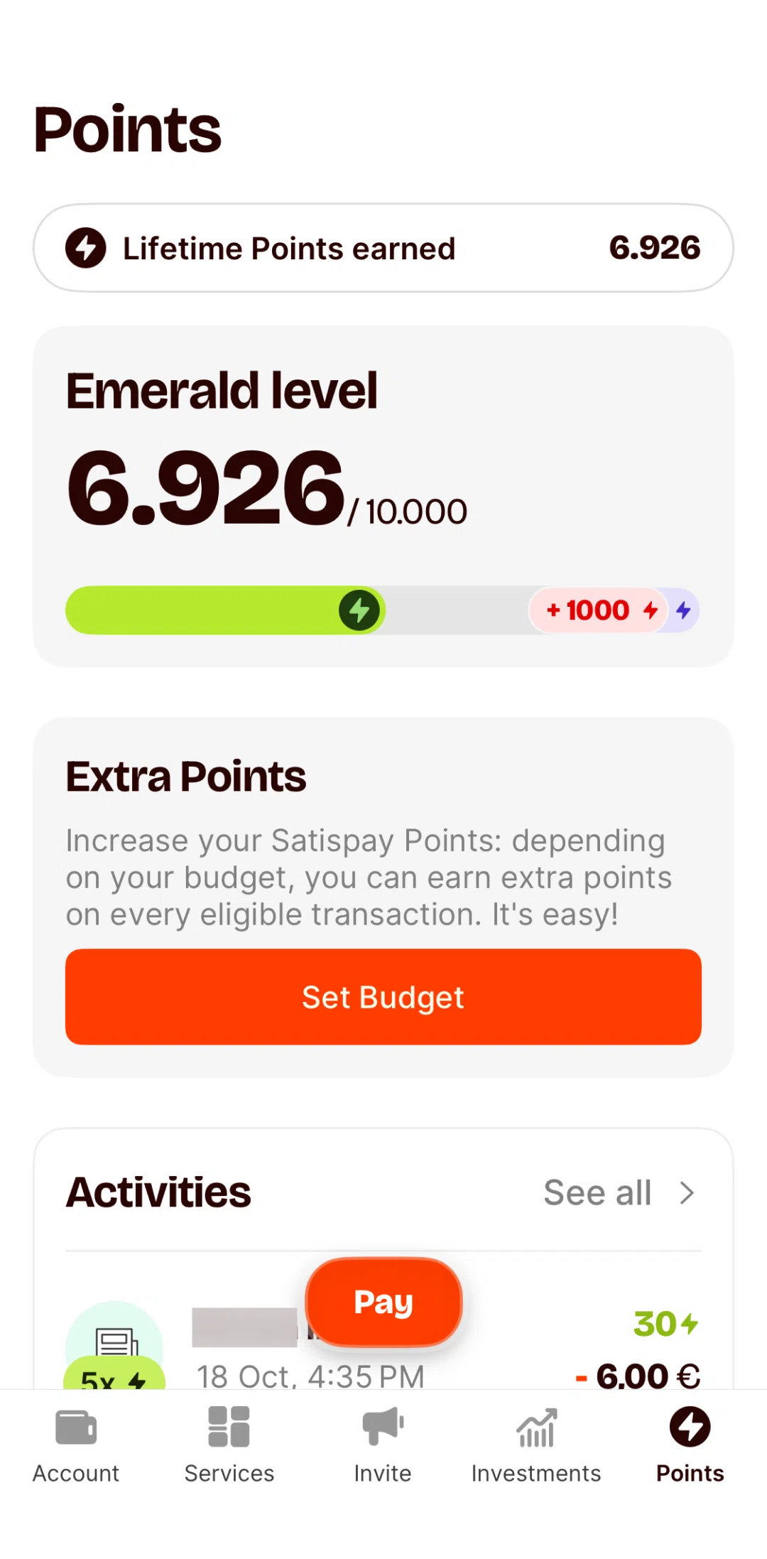 Satispay Screen screen in the Points information flow