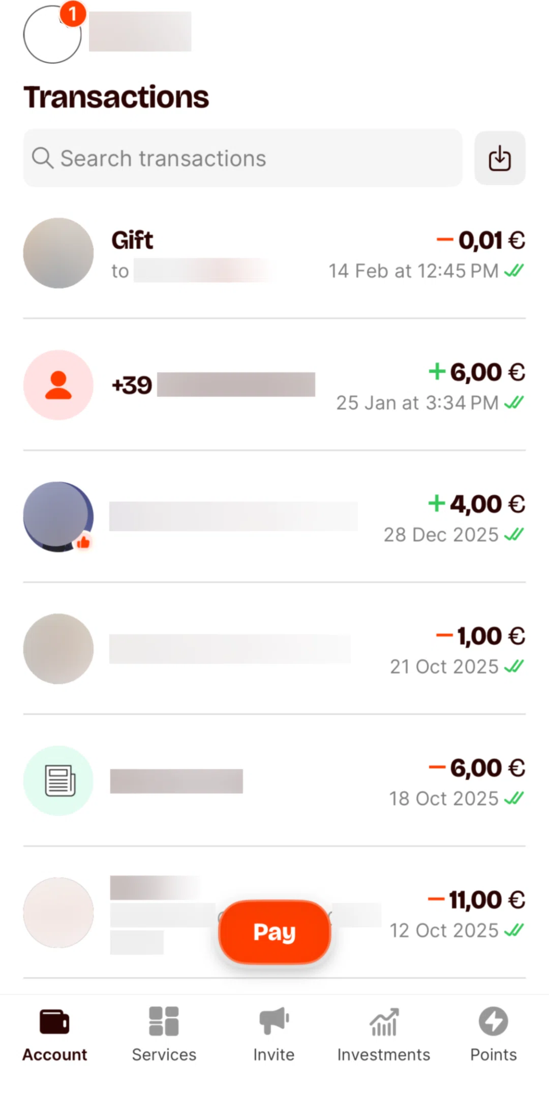 Satispay Screen screen in the Searching transactions flow