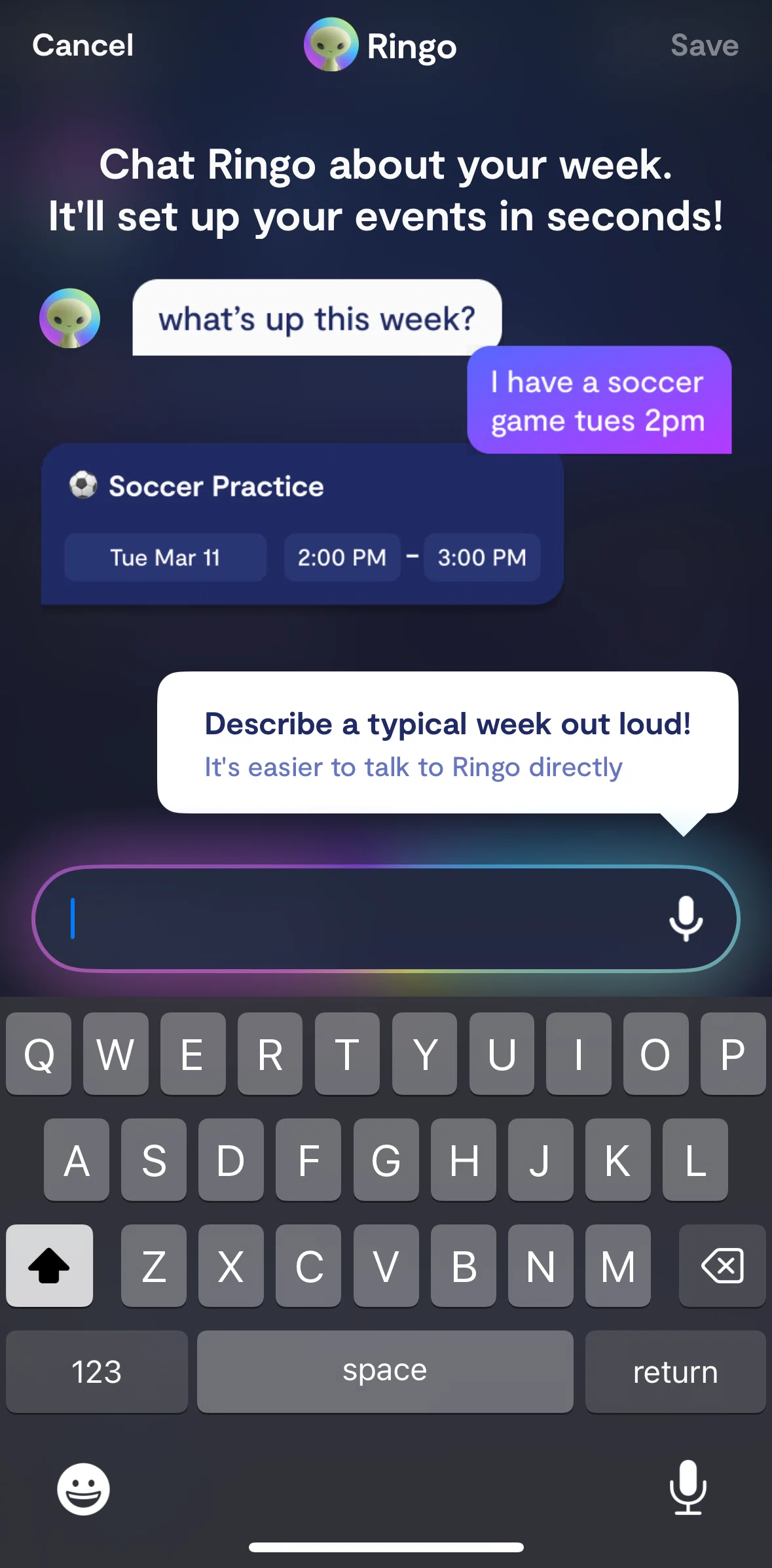 Saturn Calendar Screen screen in the Adding an event (voice chat) flow