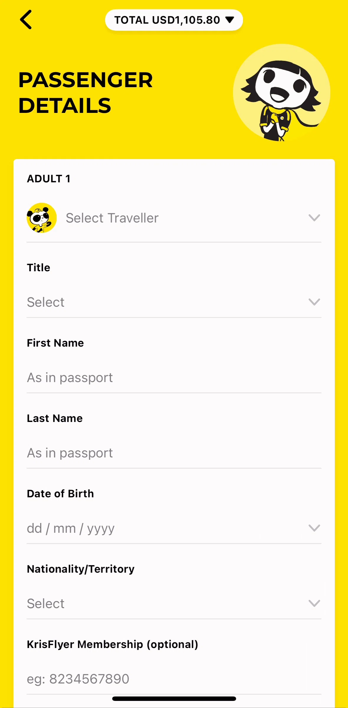 Scoot Screen screen in the Adding passenger details flow