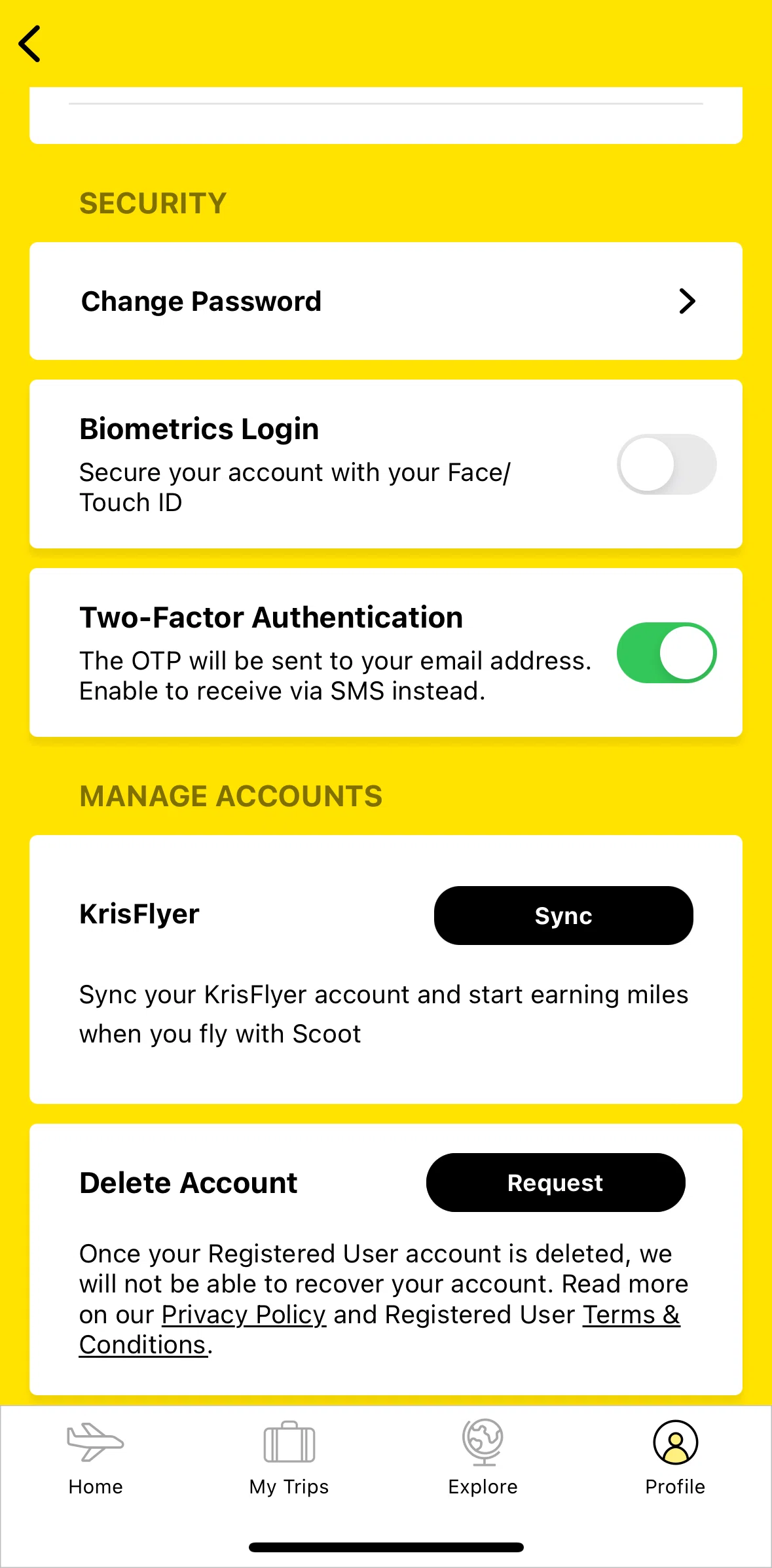 Scoot Screen screen in the Deleting my account flow