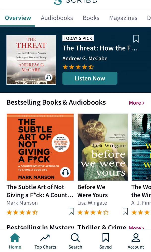 Scribd Home feed screen in the Discovering Content flow