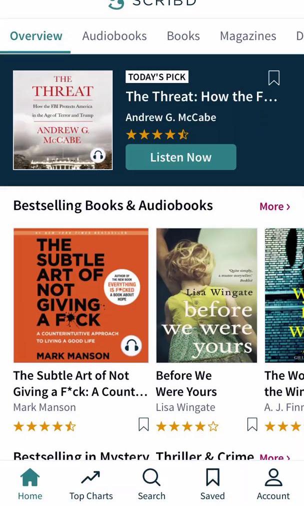Scribd Home feed screen in the Listening flow
