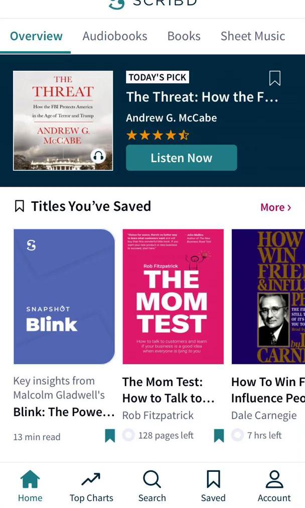 Scribd Home feed screen in the Rating flow