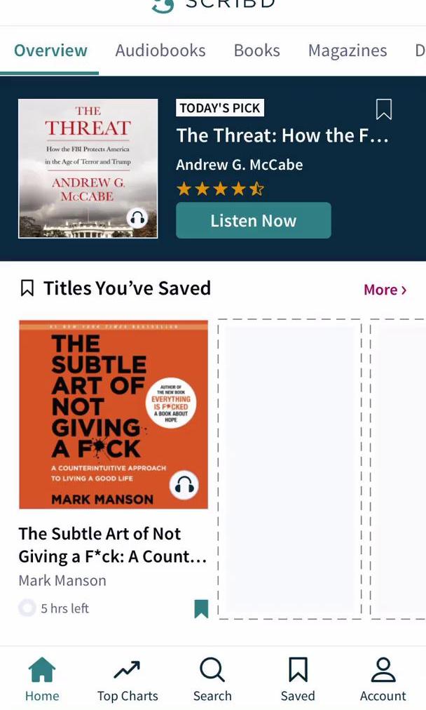 Scribd Home feed screen in the Reading flow