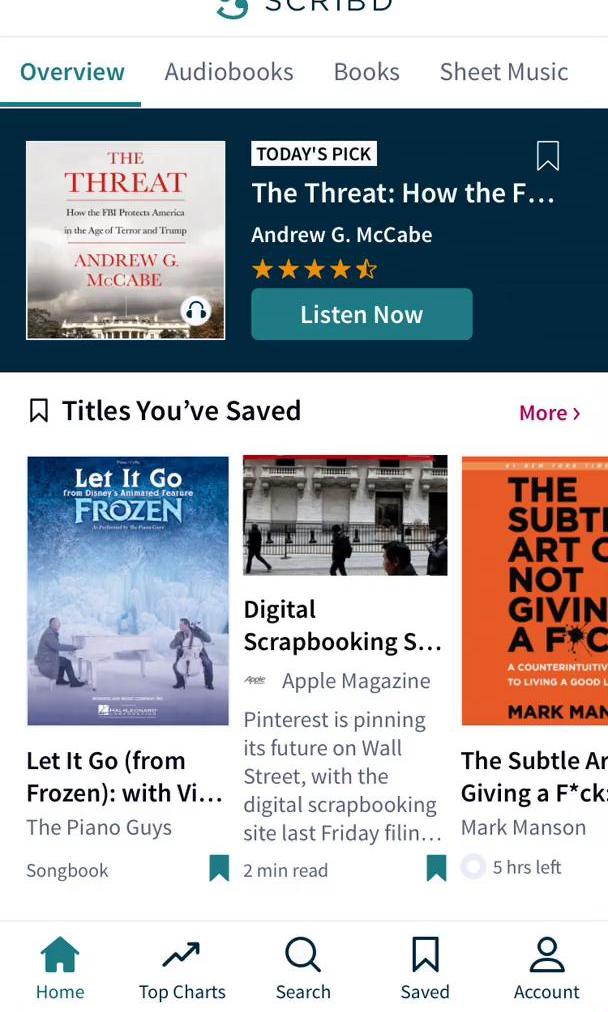 Scribd Home feed screen in the Searching flow