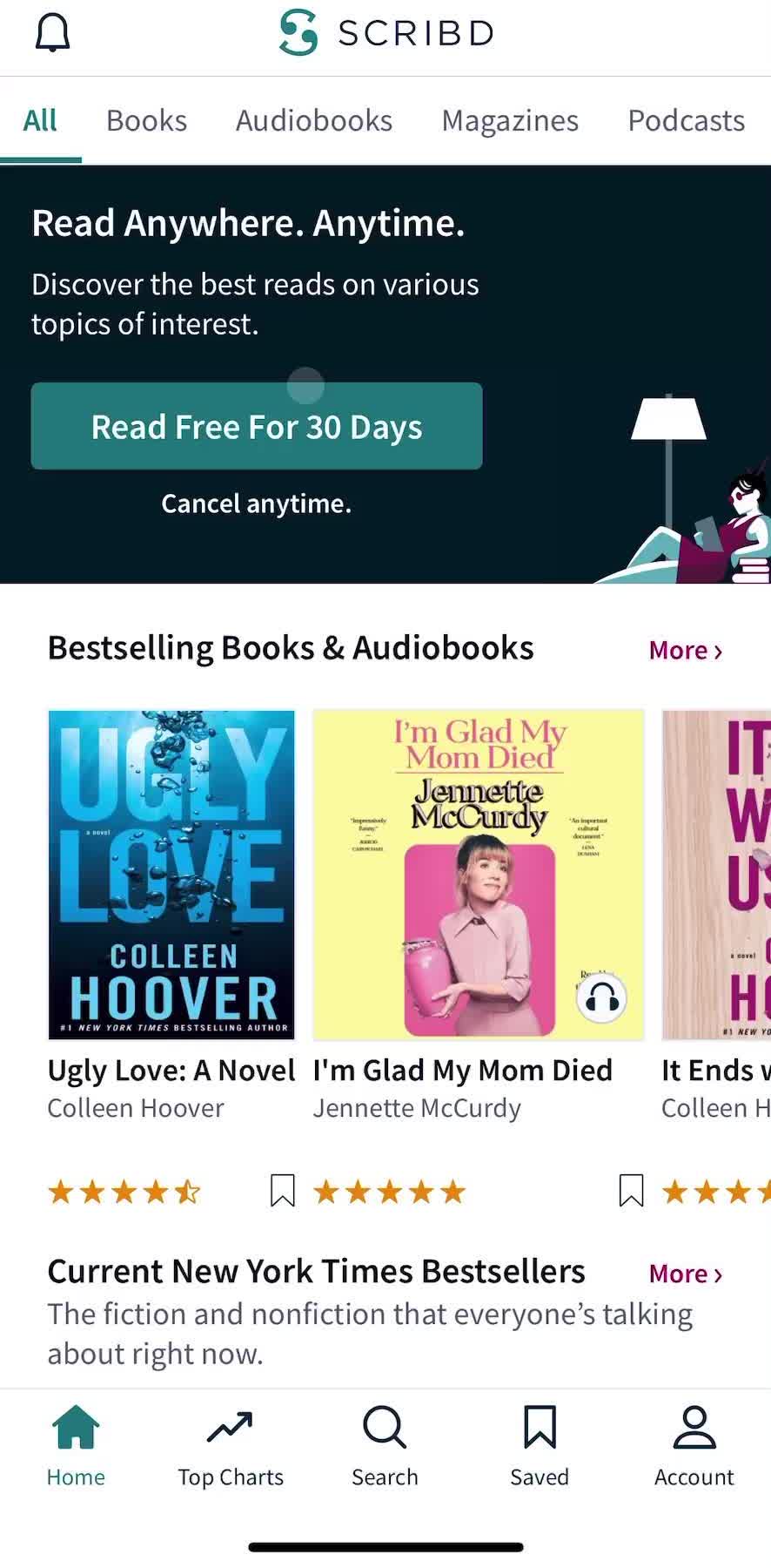 Scribd Home screen in the Upgrading Your Account flow