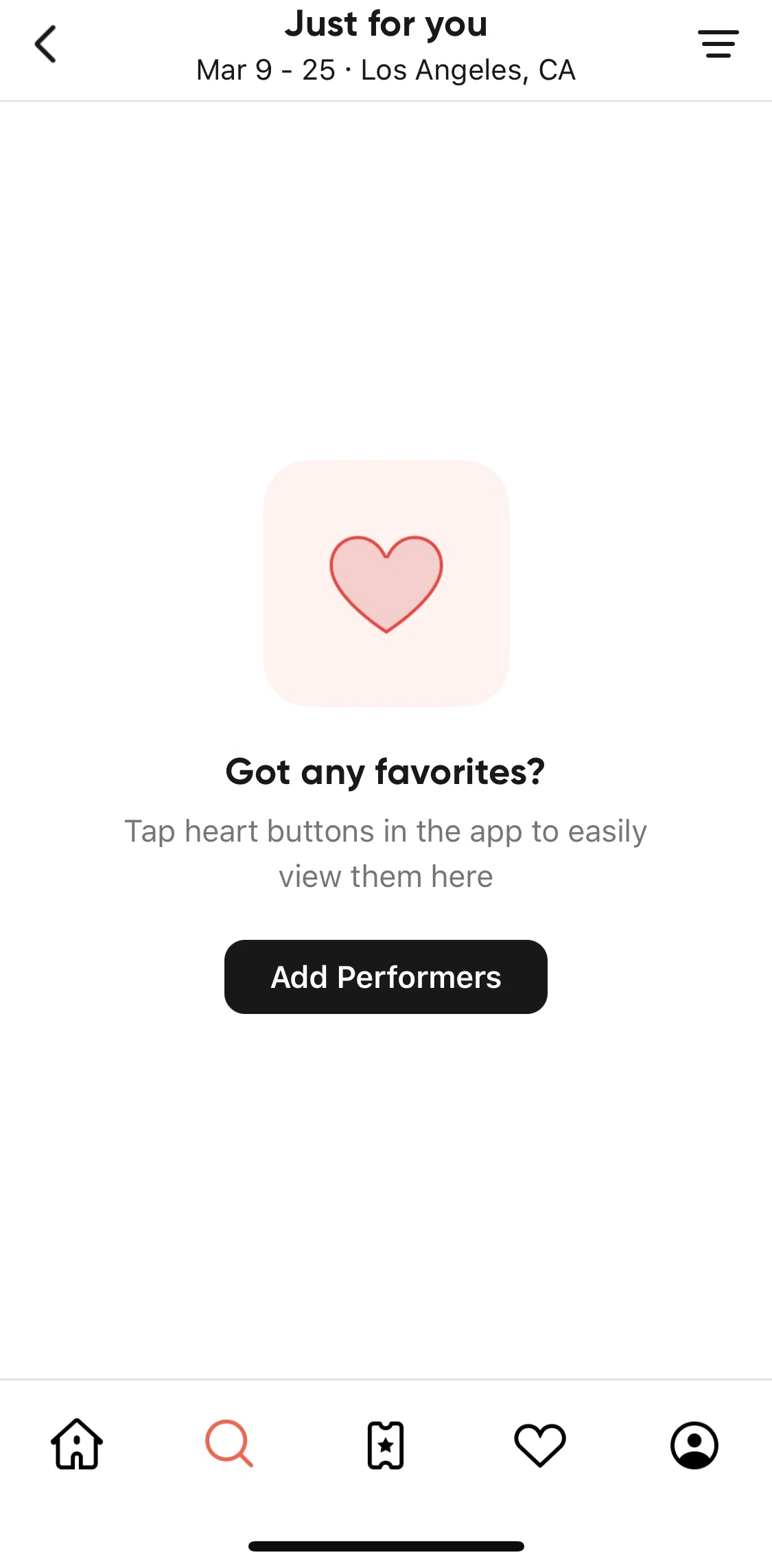 SeatGeek Screen screen in the Adding favorite performers flow