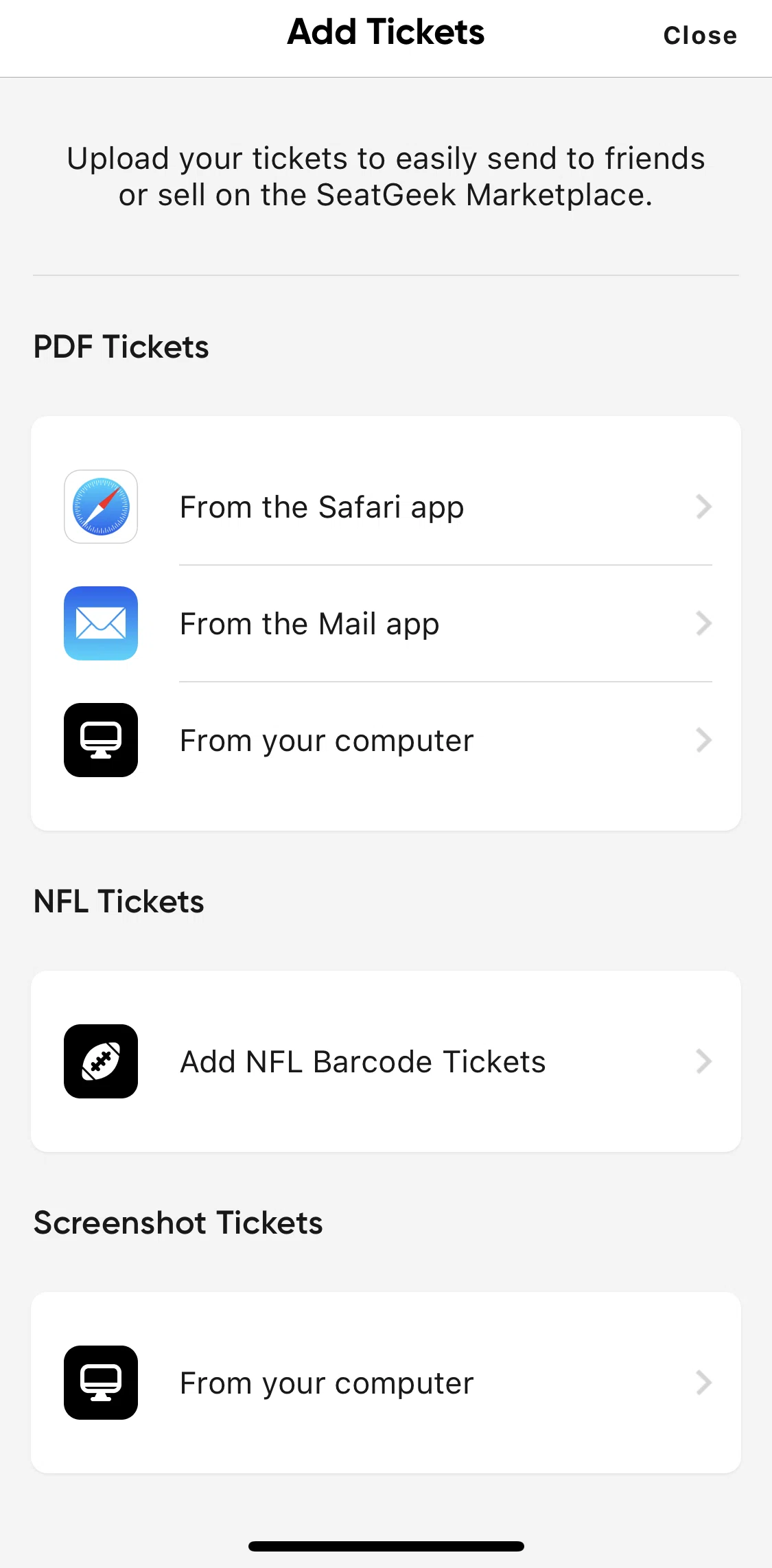 SeatGeek Screen screen in the Adding from computer flow