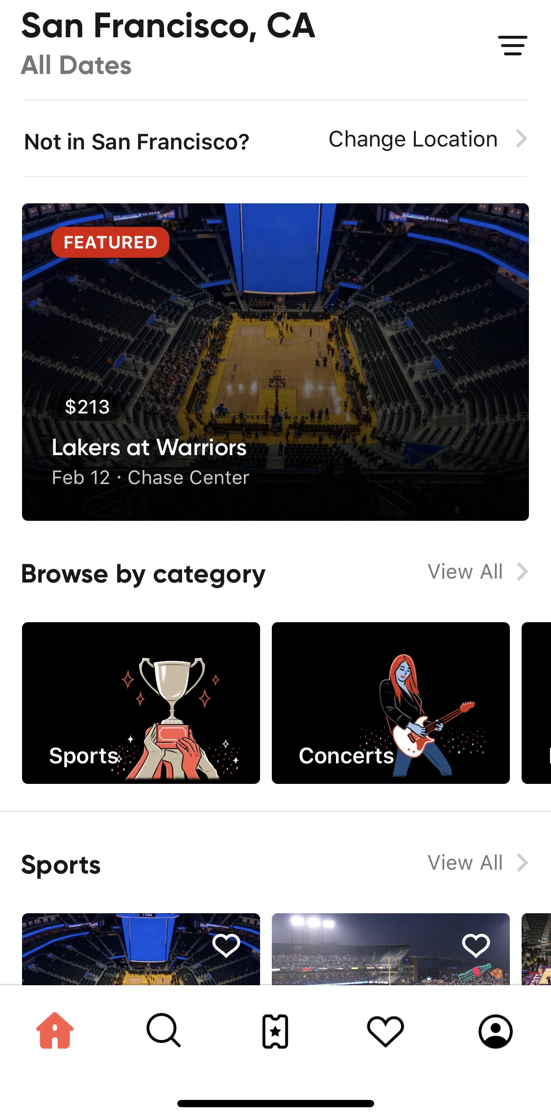 SeatGeek Screen screen in the Browse flow