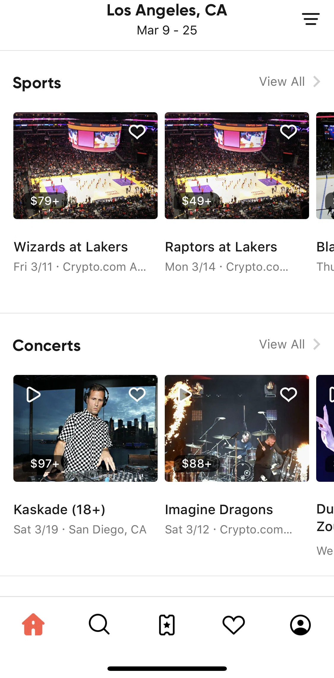 SeatGeek Screen screen in the Concerts category flow