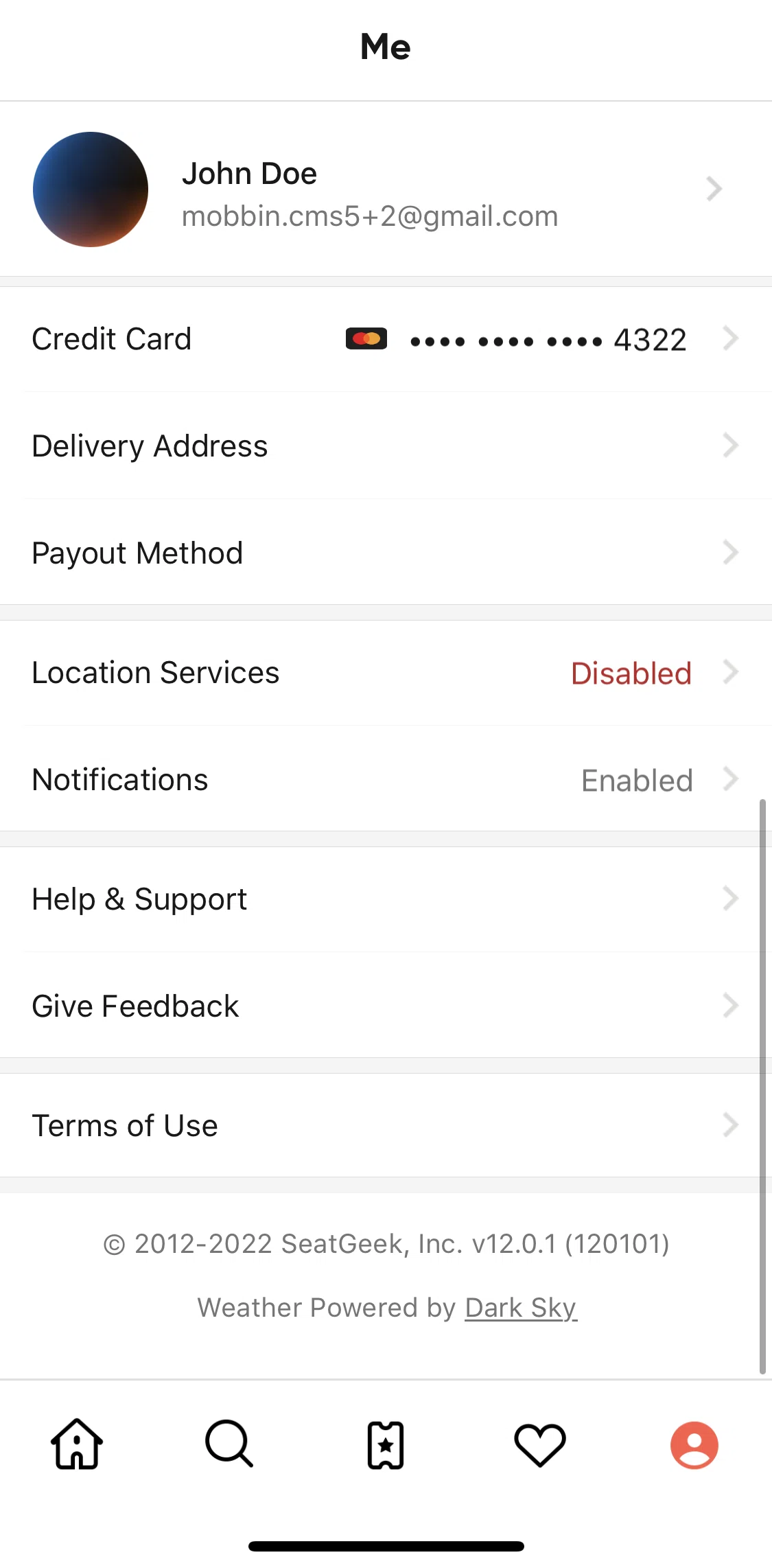 SeatGeek Screen screen in the Deleting credit card flow