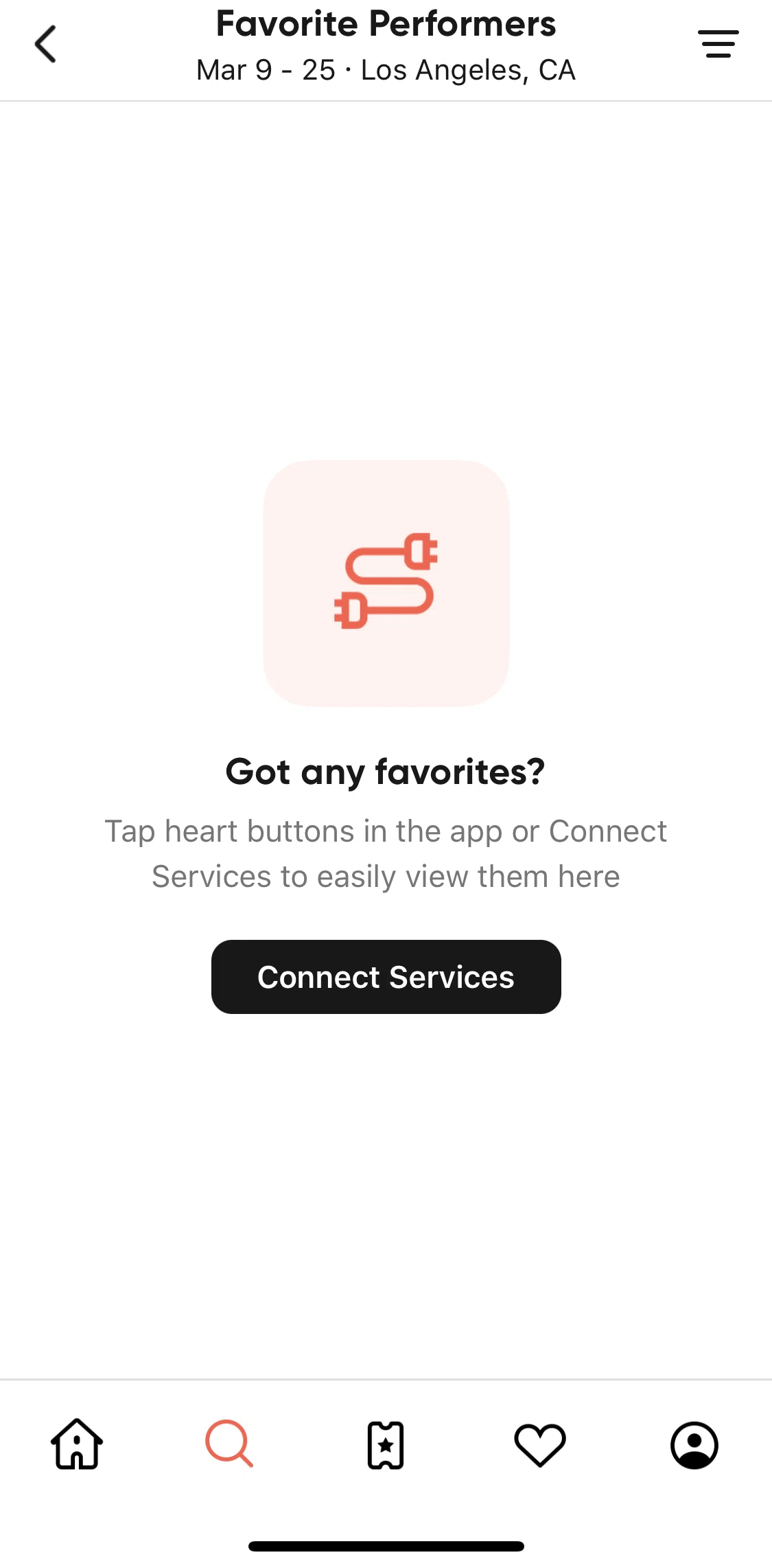 SeatGeek Screen screen in the Favorite performers flow