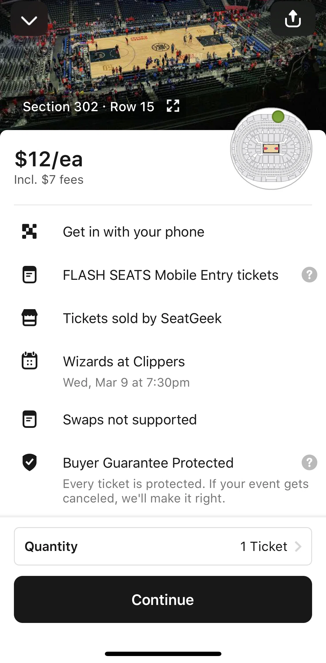 SeatGeek Screen screen in the Purchasing a ticket flow